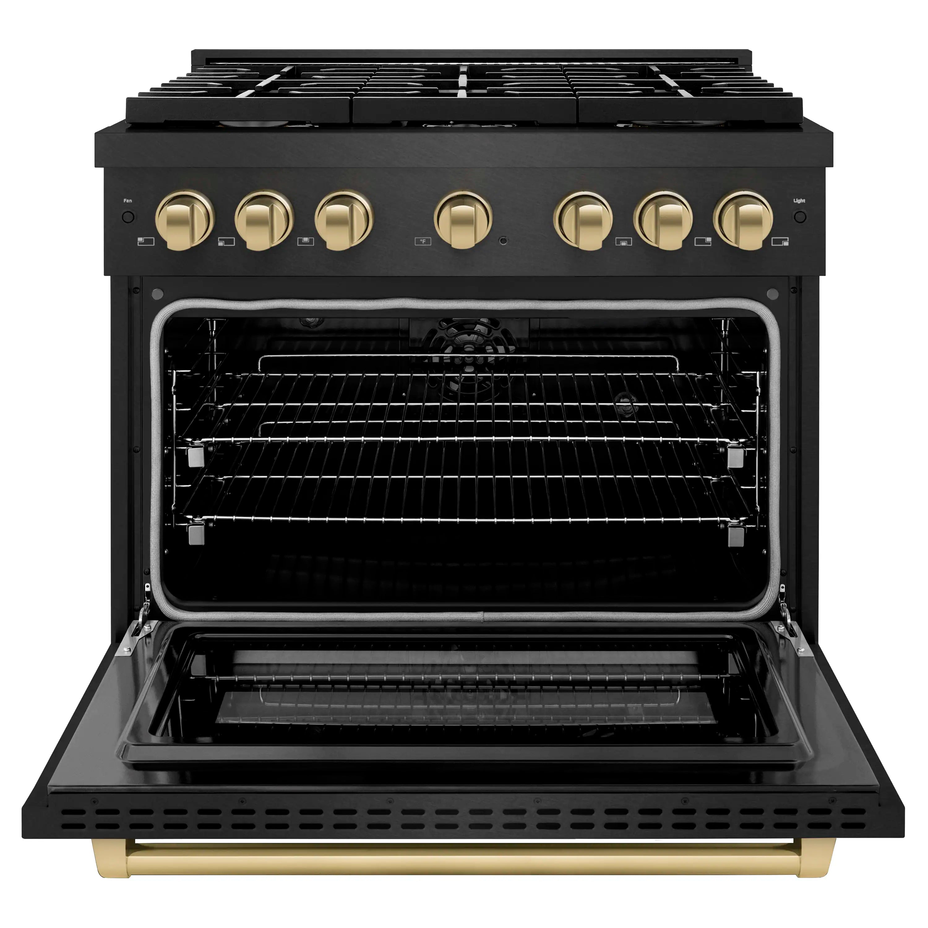 Open oven door of a black dual-fuel range showing interior racks and heating surface.
