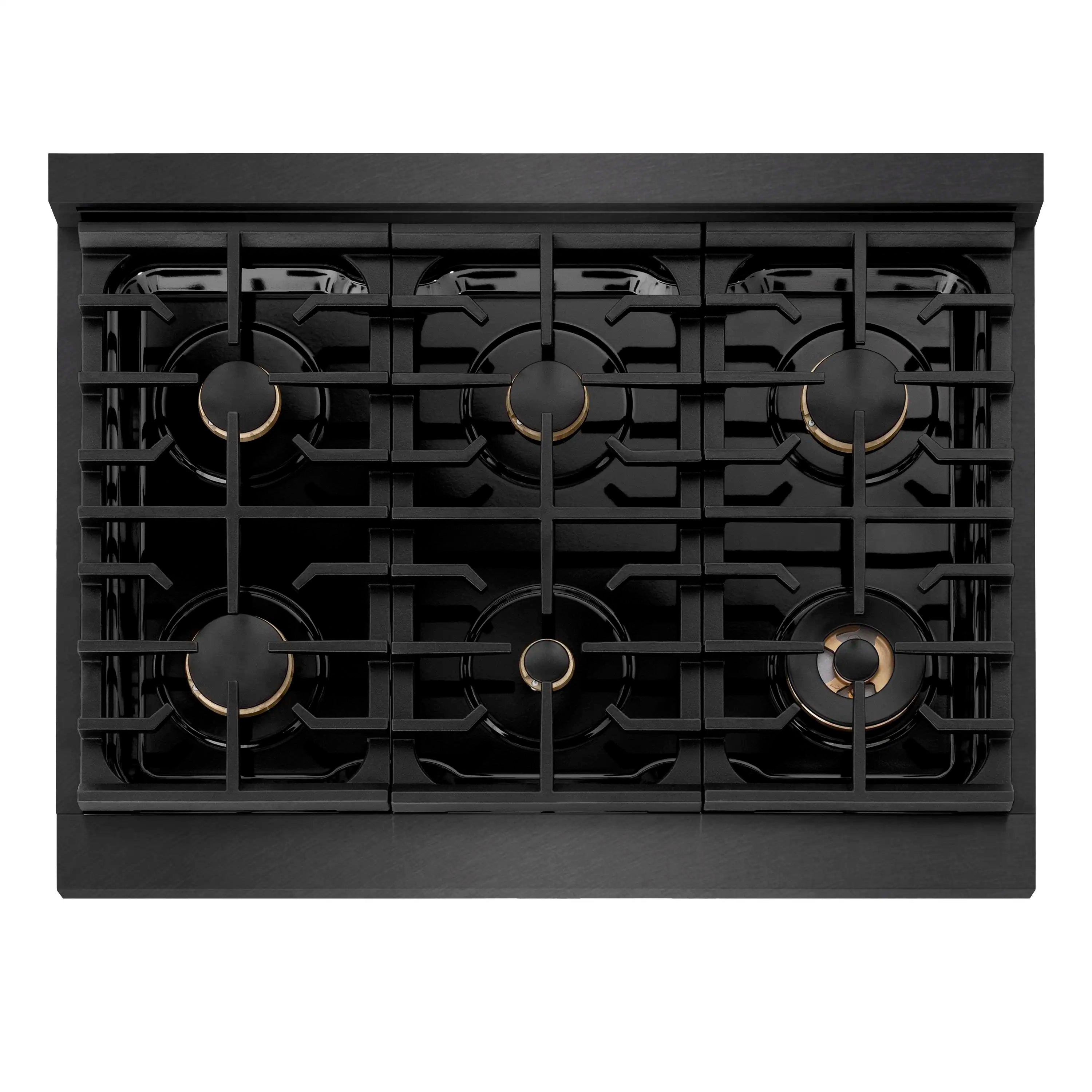 Black 6-burner gas cooktop with round grates and gold-accent burner caps