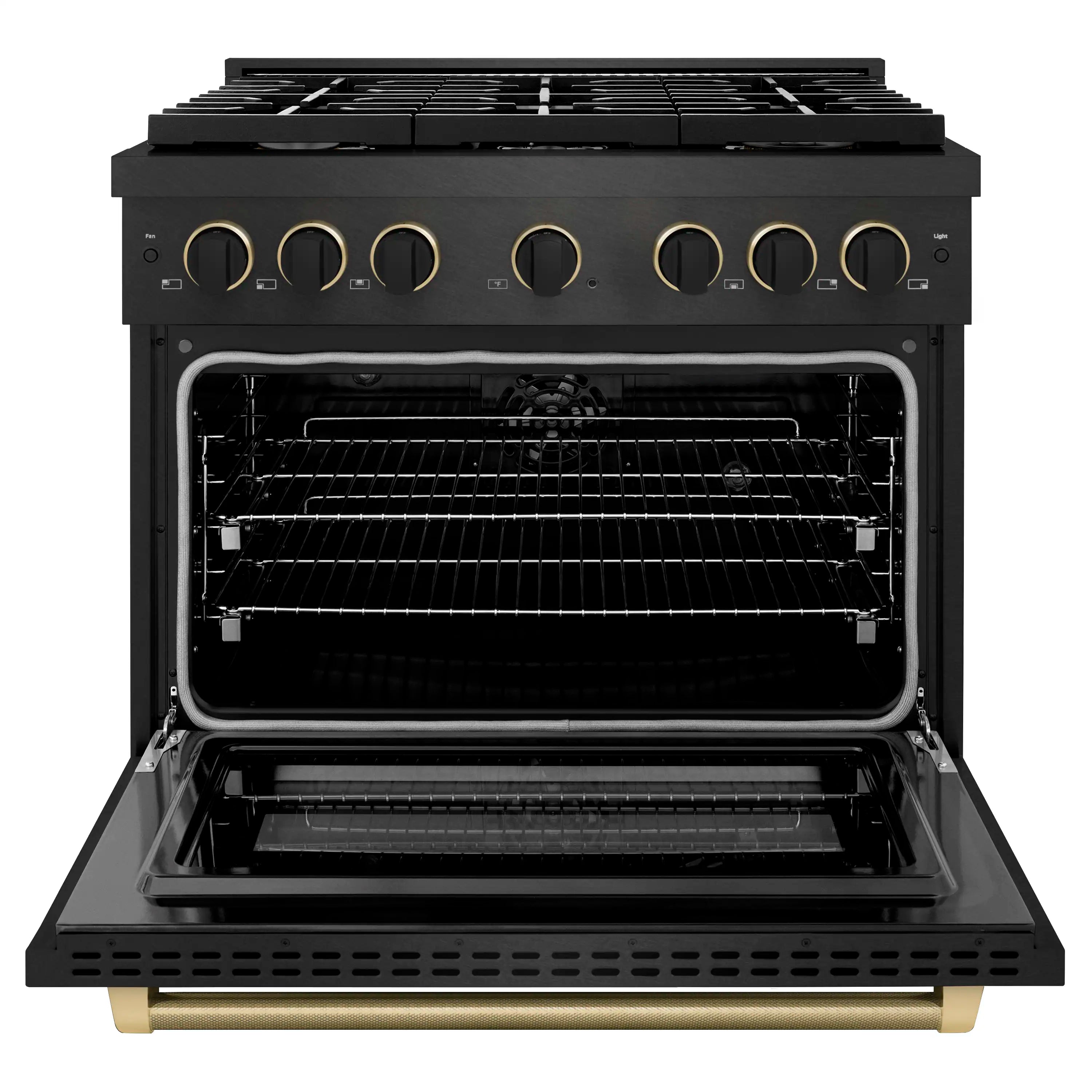 Black dual fuel range oven door open, showing oven racks and heating element