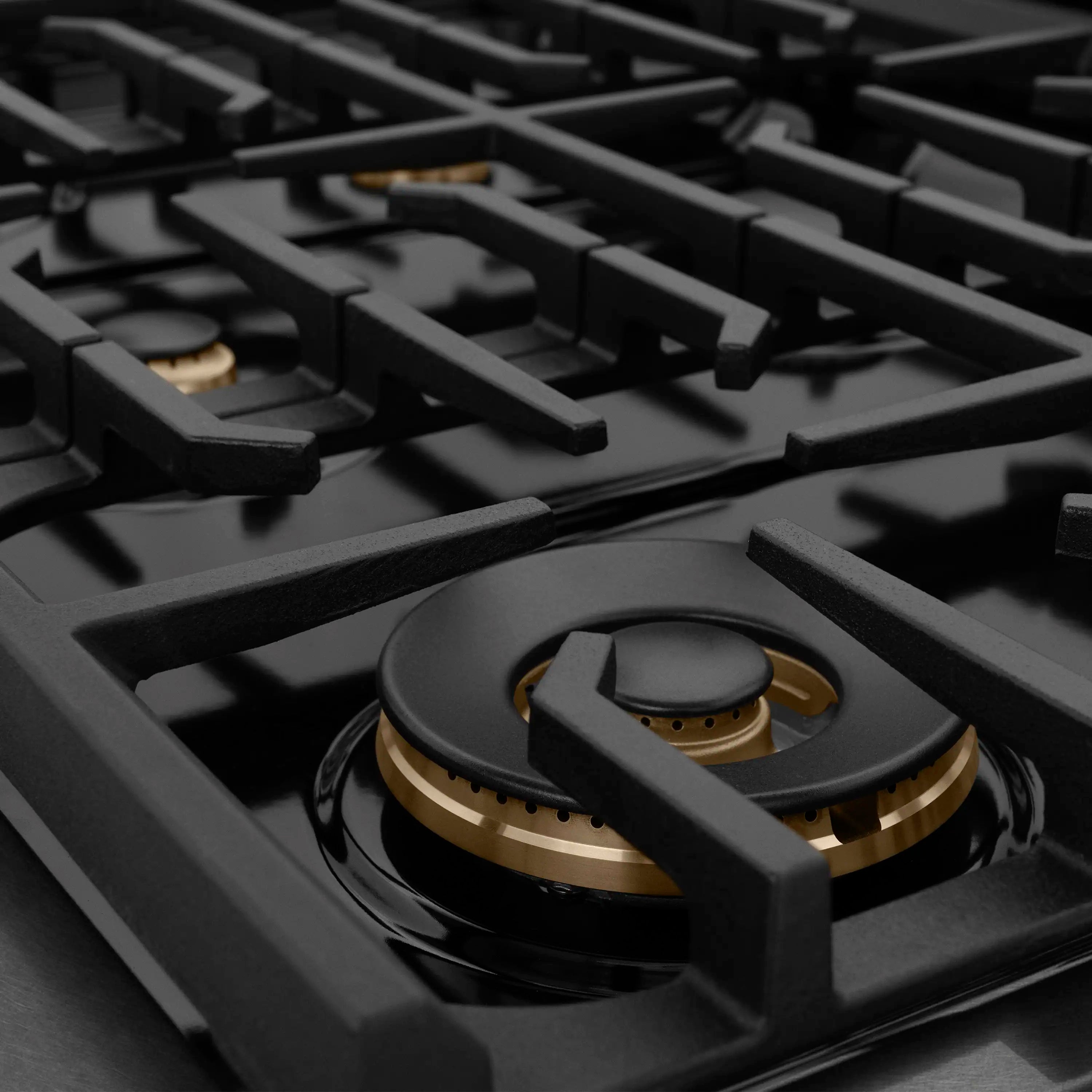 Gas cooktop grate with black burners and champagne-ring burner caps on dual fuel range