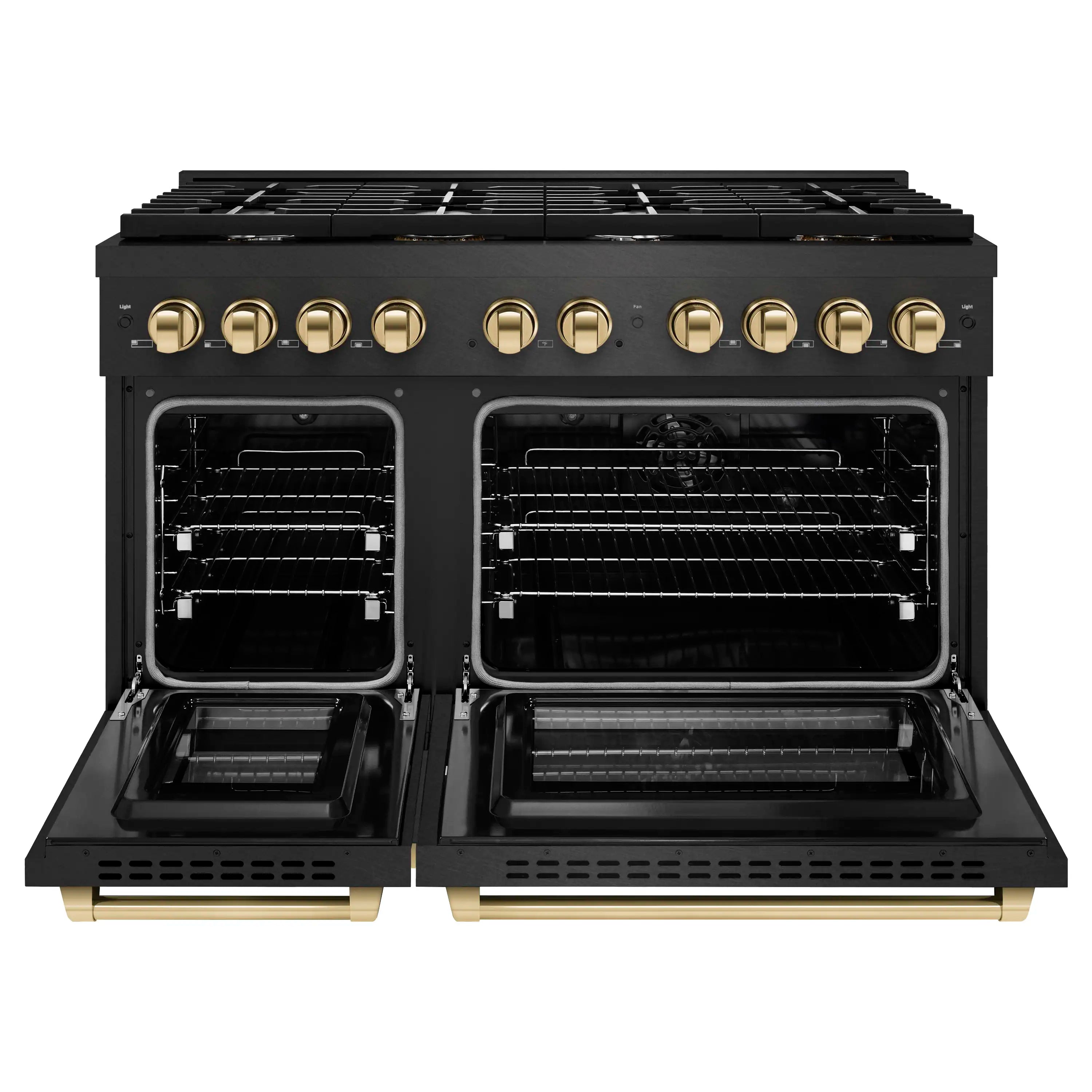 Black dual oven range with six gas burners and gold control knobs