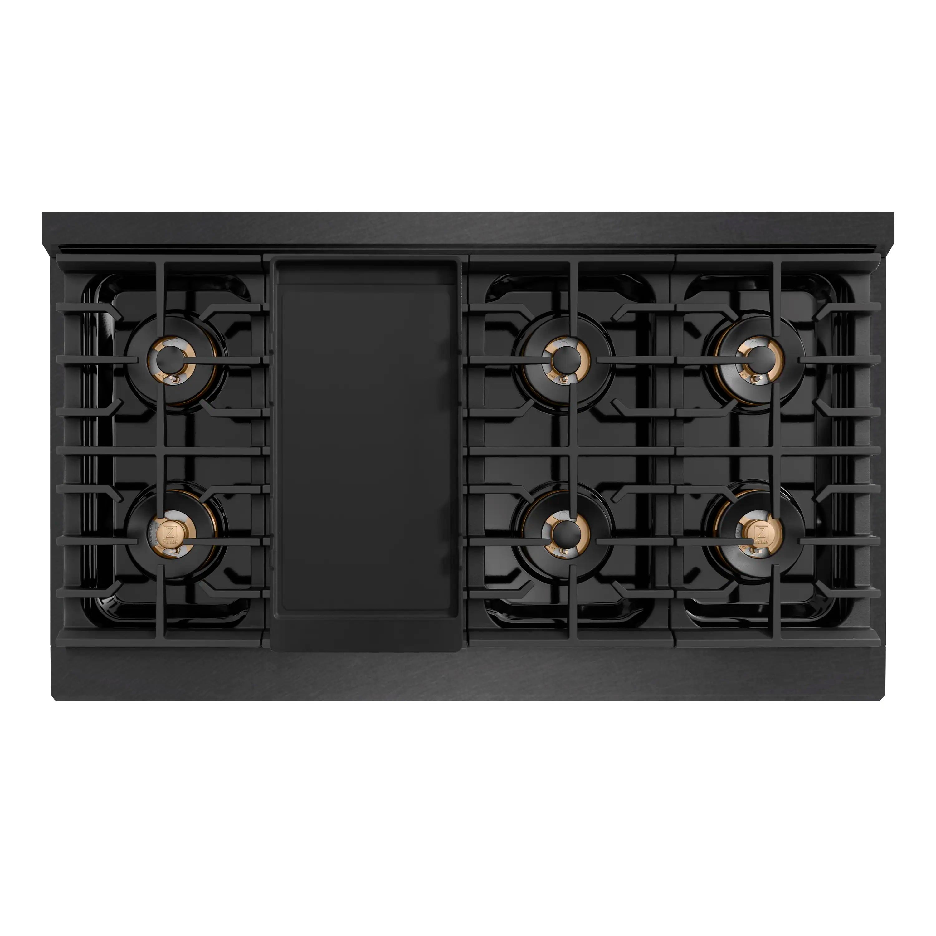 Black gas cooktop with central griddle panel and gold-ring burner caps