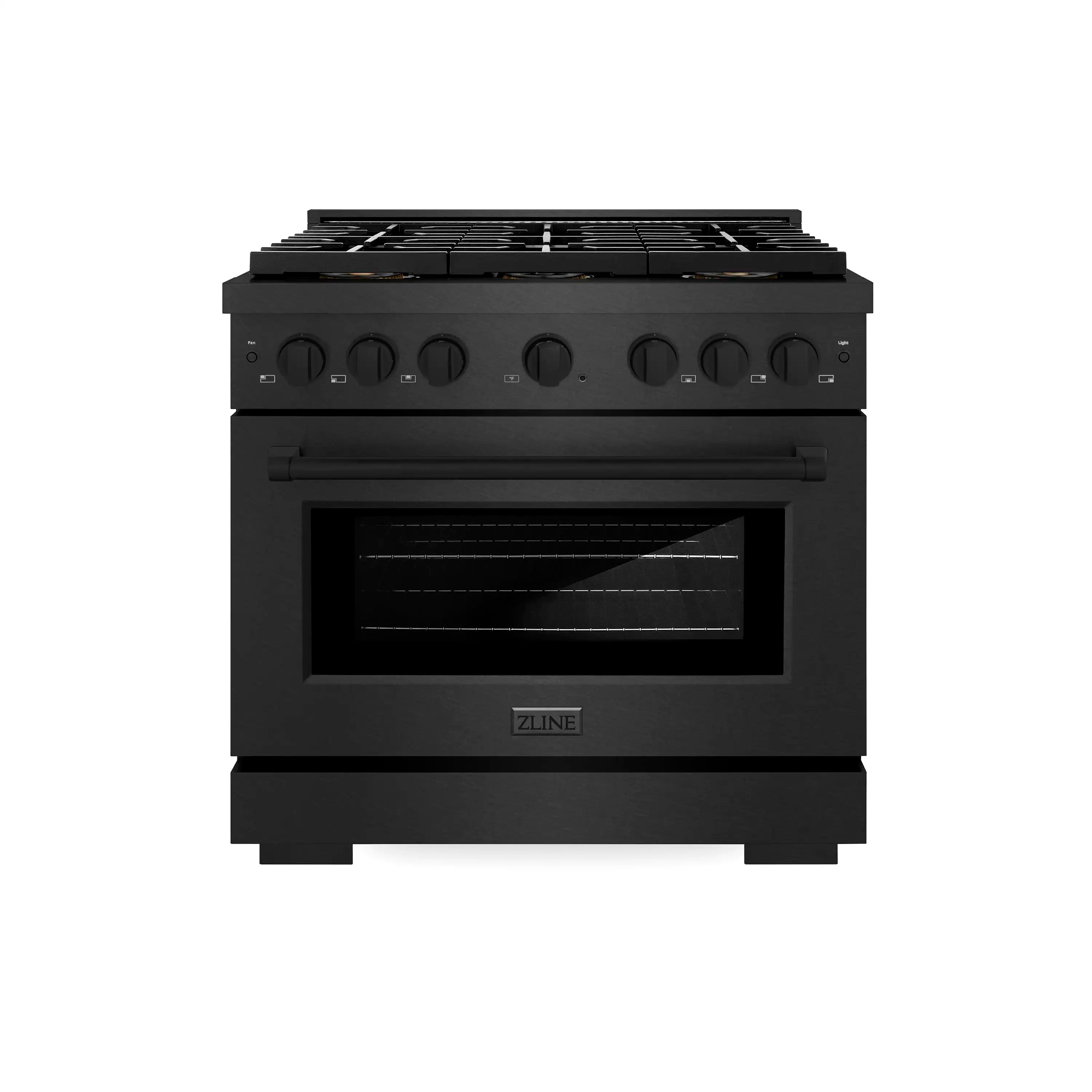 Black satin stainless steel dual fuel range with six-burner cooktop and oven door