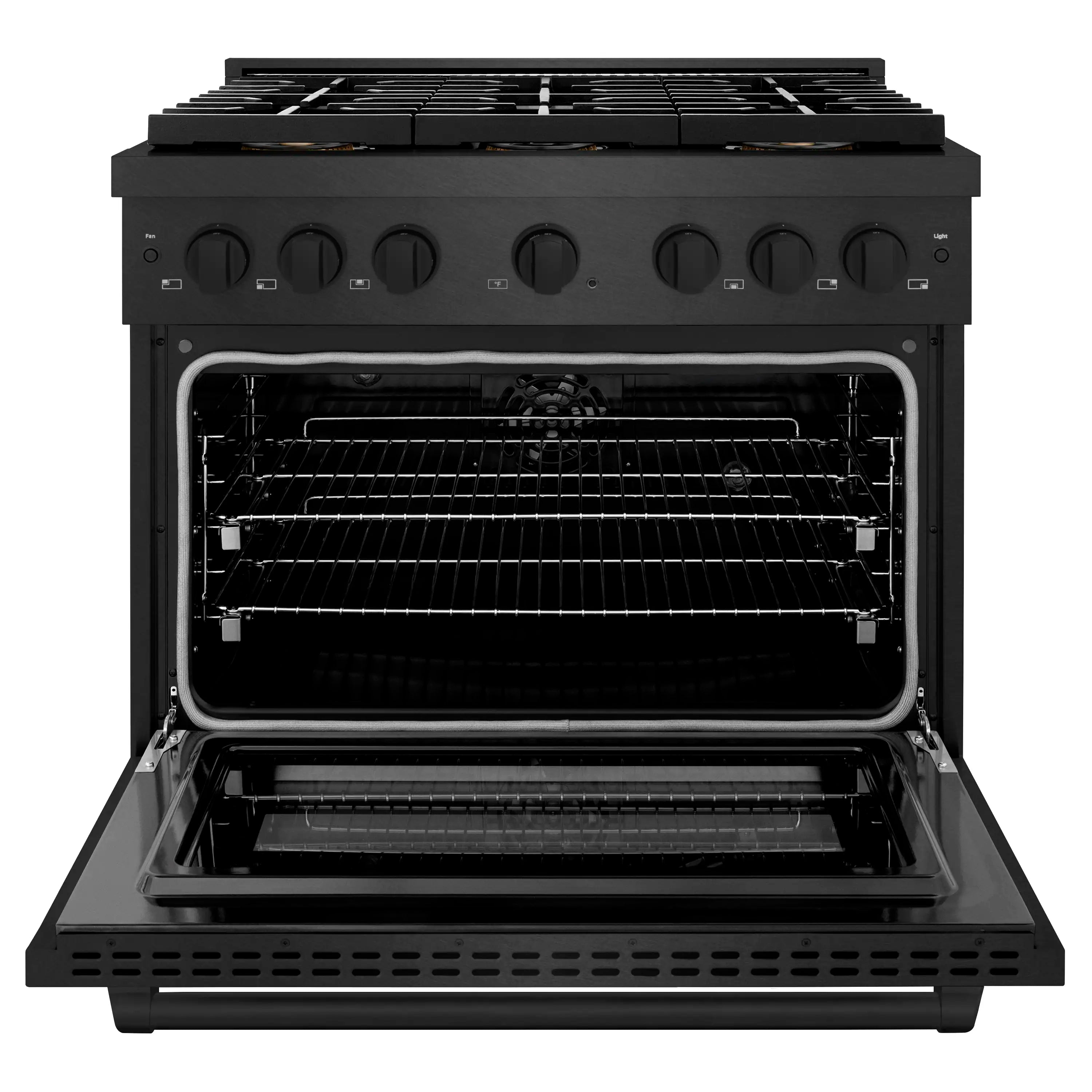 Open oven door with interior racks and bake surface in a black dual fuel range
