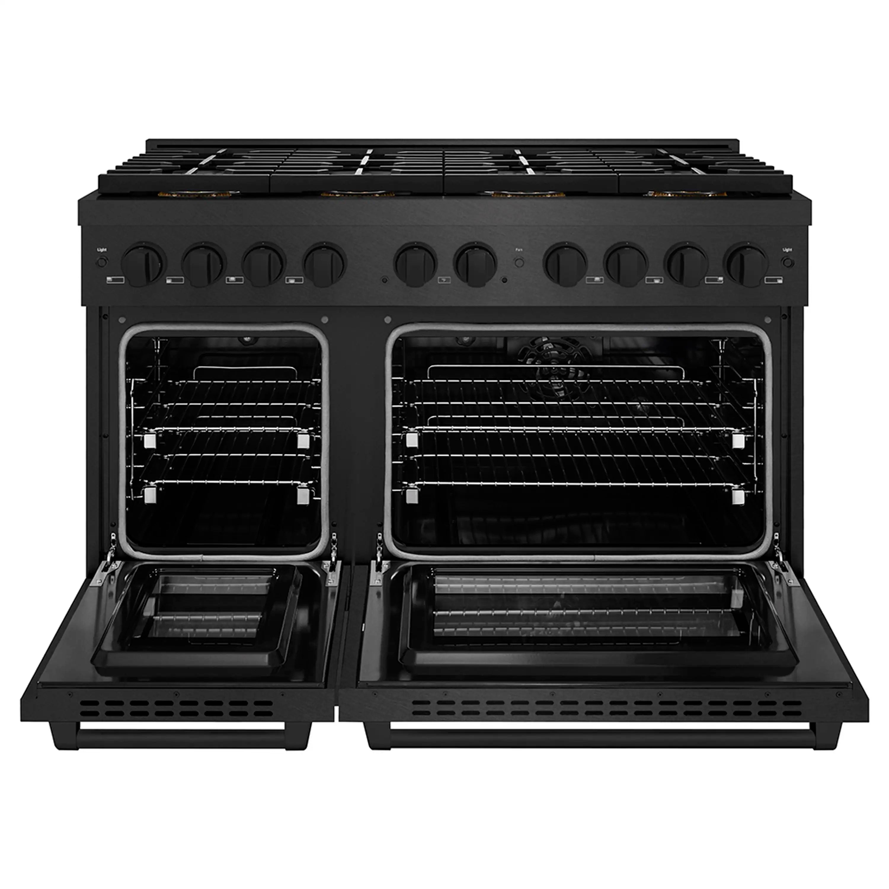 Black dual fuel range with both oven doors open, showing two racks