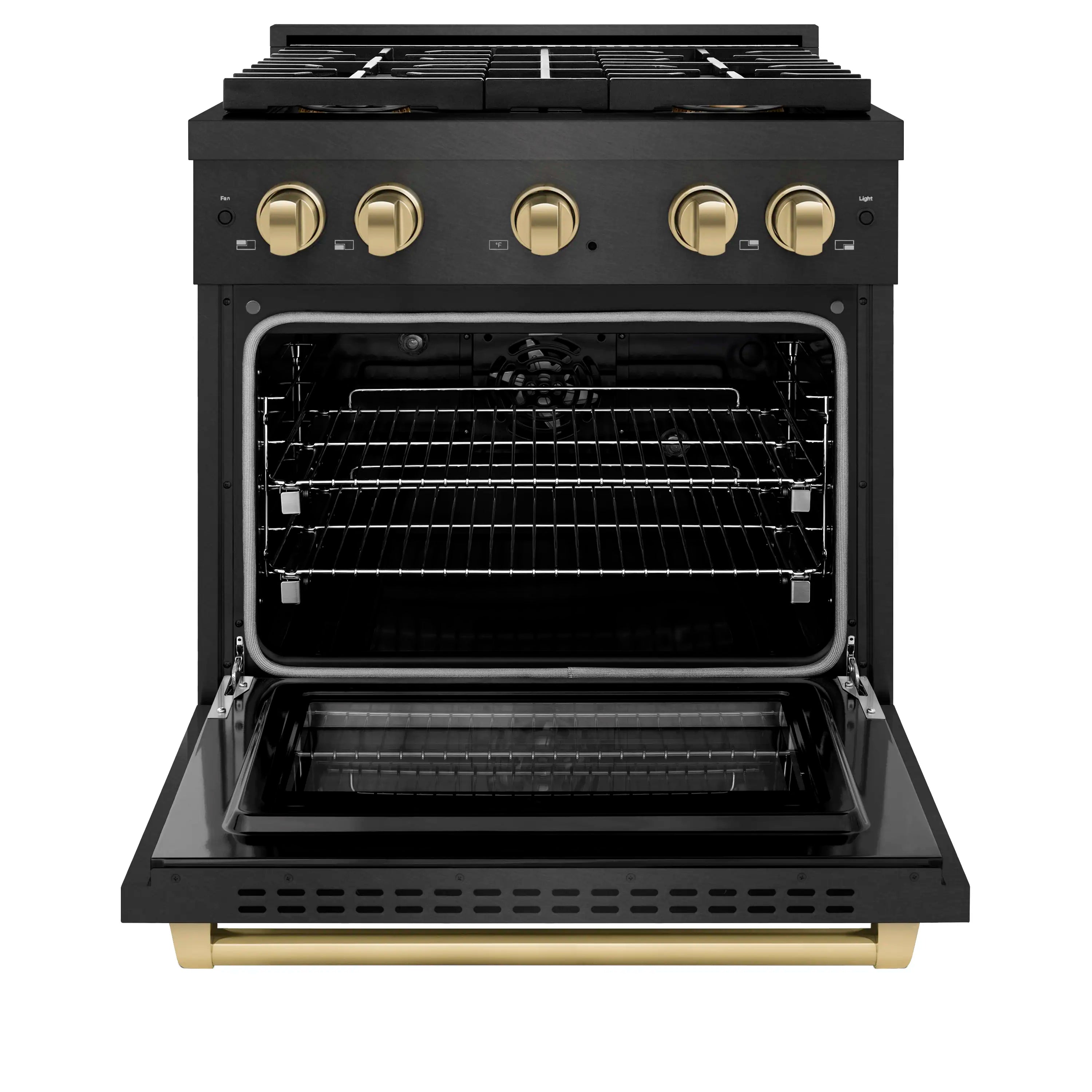Black oven door open on a dual-fuel range with wire rack inside