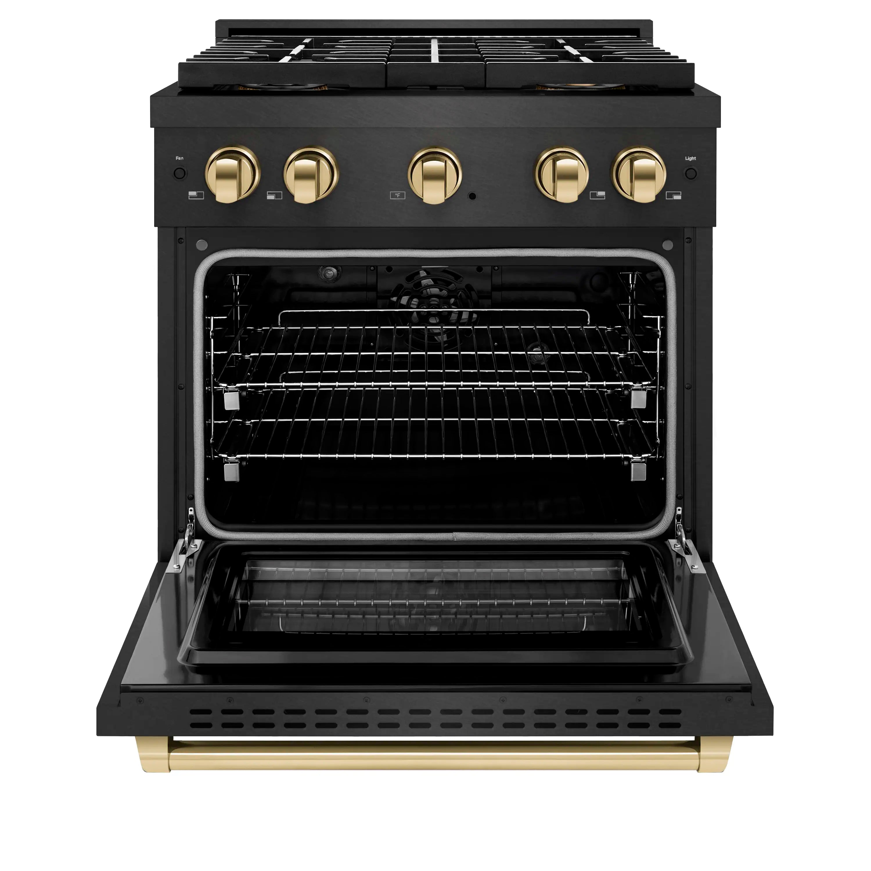 Black range with oven door open showing racks and interior cavity, gold accent trim