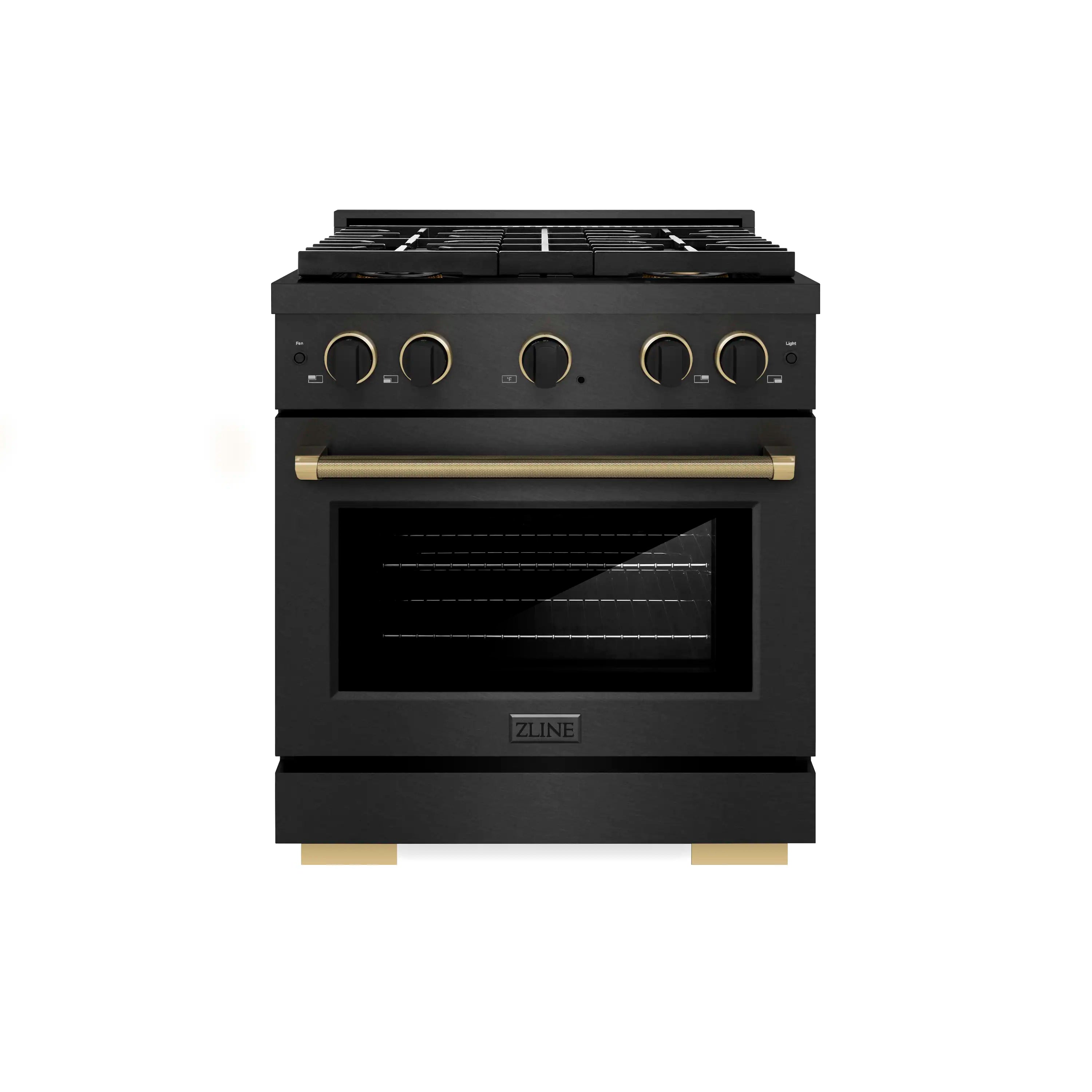 Black satin dual fuel range with four control knobs and oven door