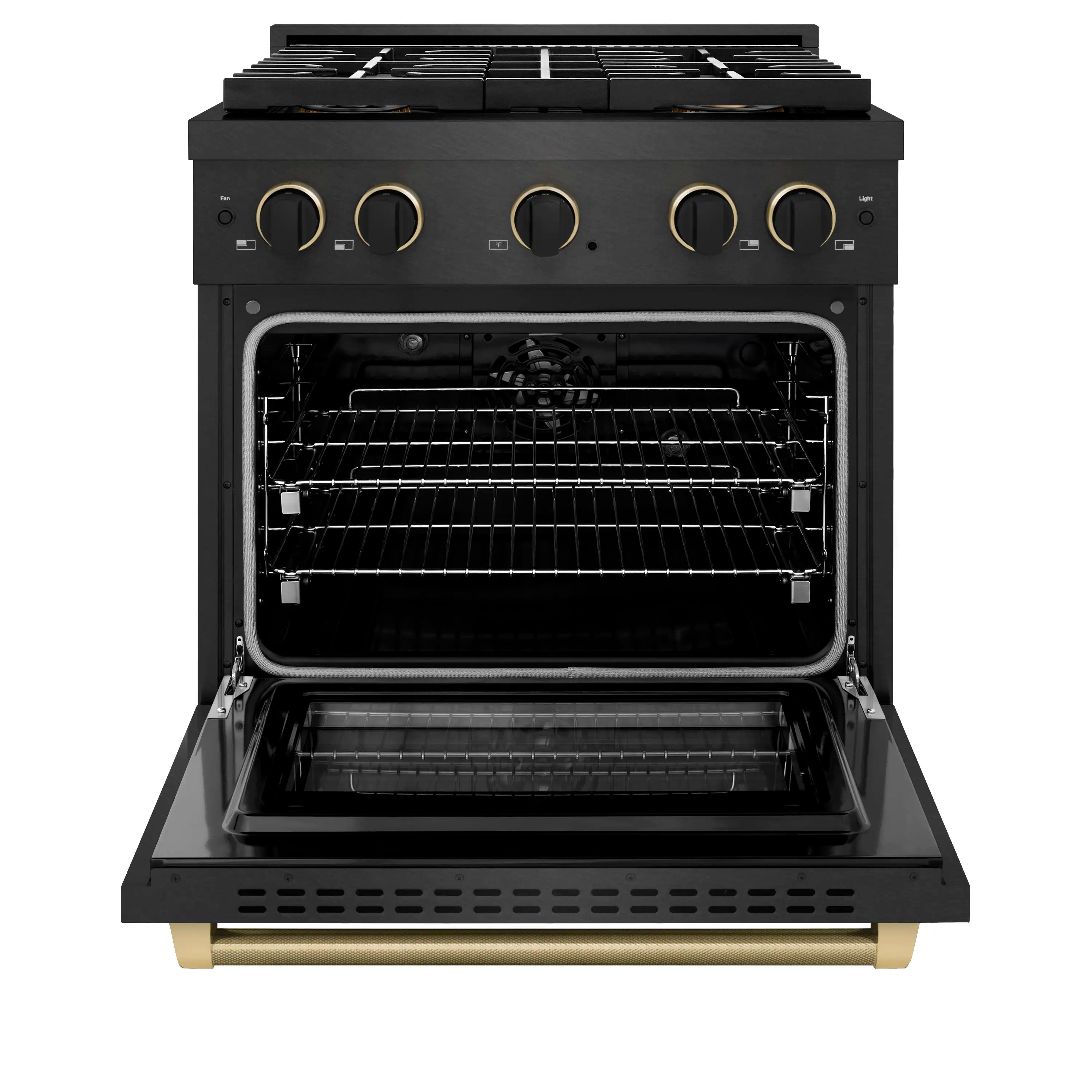 Black satin dual fuel range with oven door open and interior rack