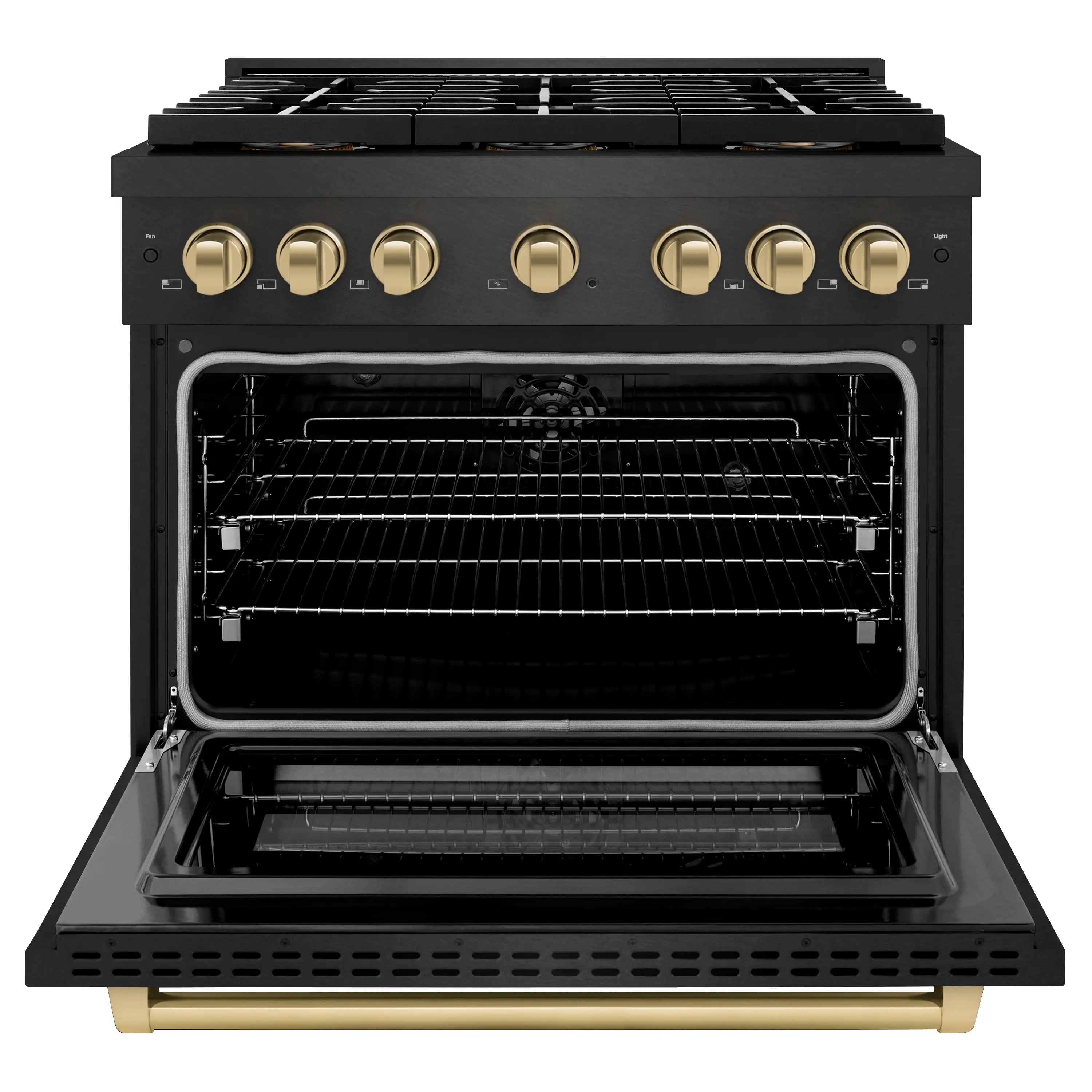 Black oven door open to show racks and interior heating elements