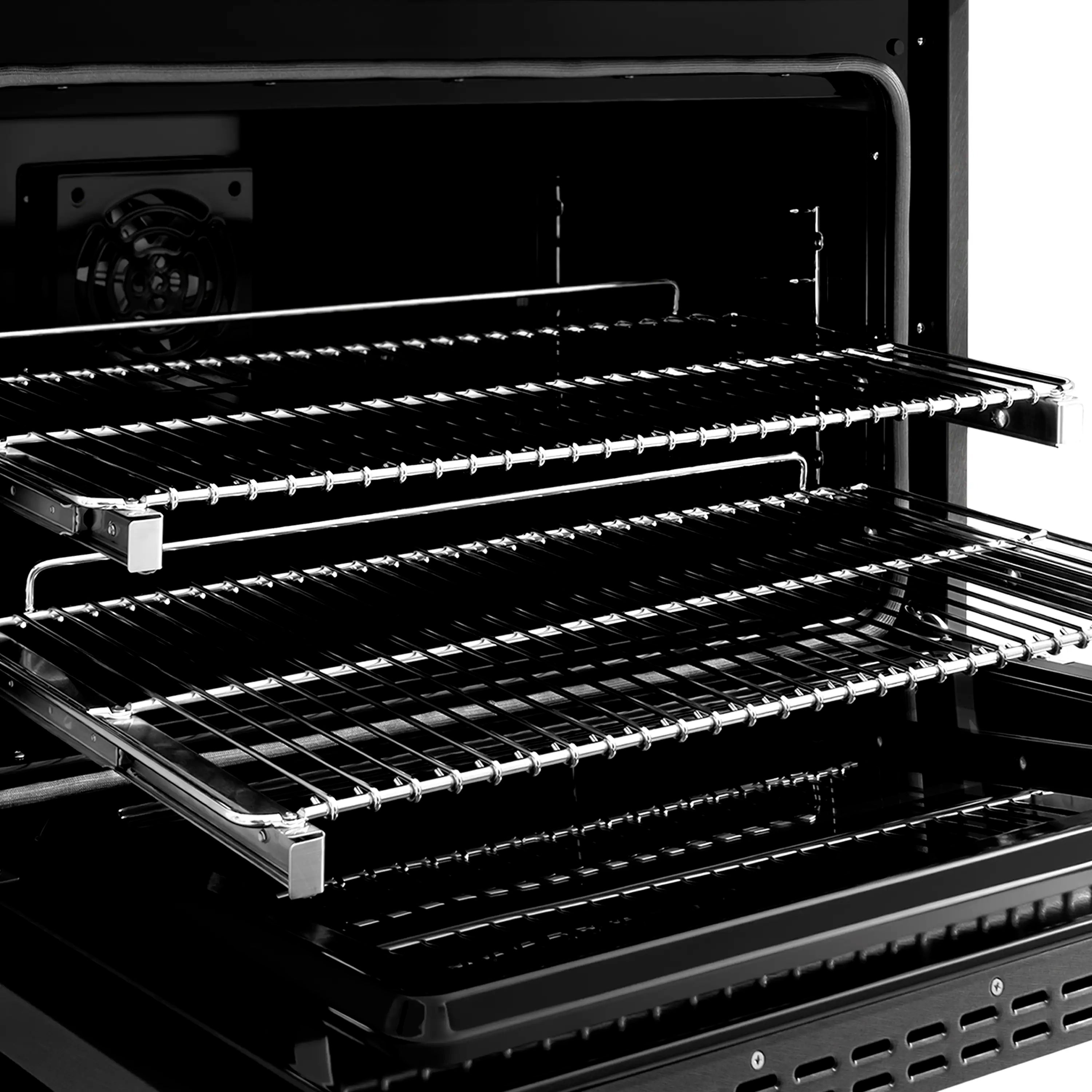 Black range oven with wire racks and dual heating elements behind the open door
