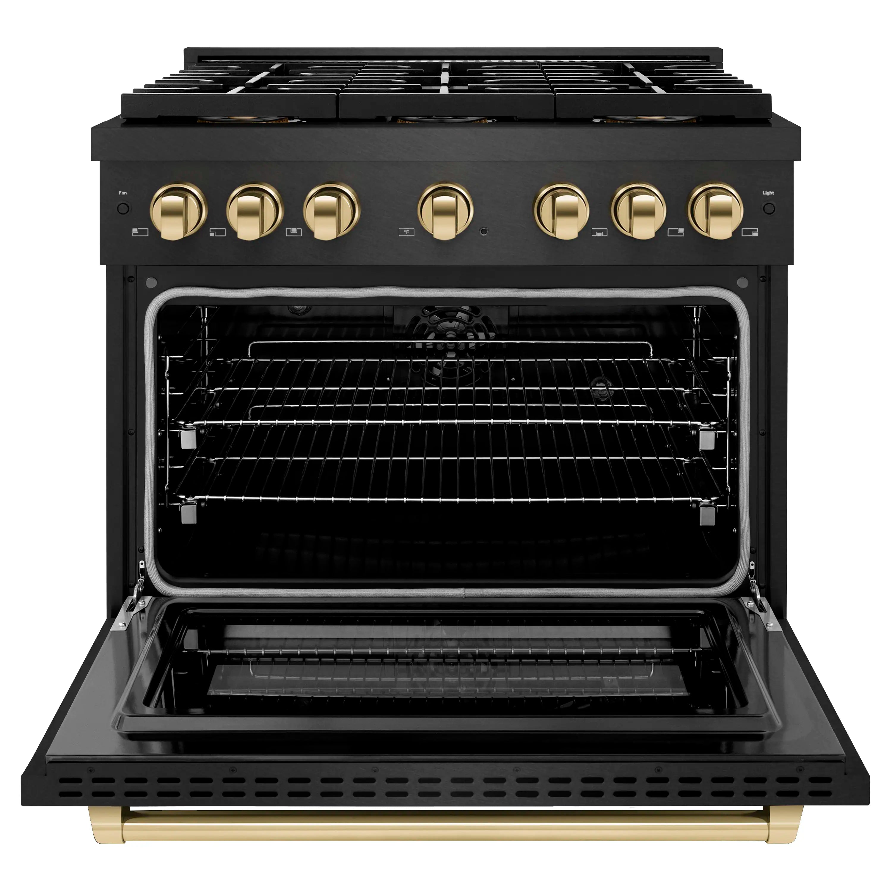 Black range with open oven door, racks and gold-trim control panel