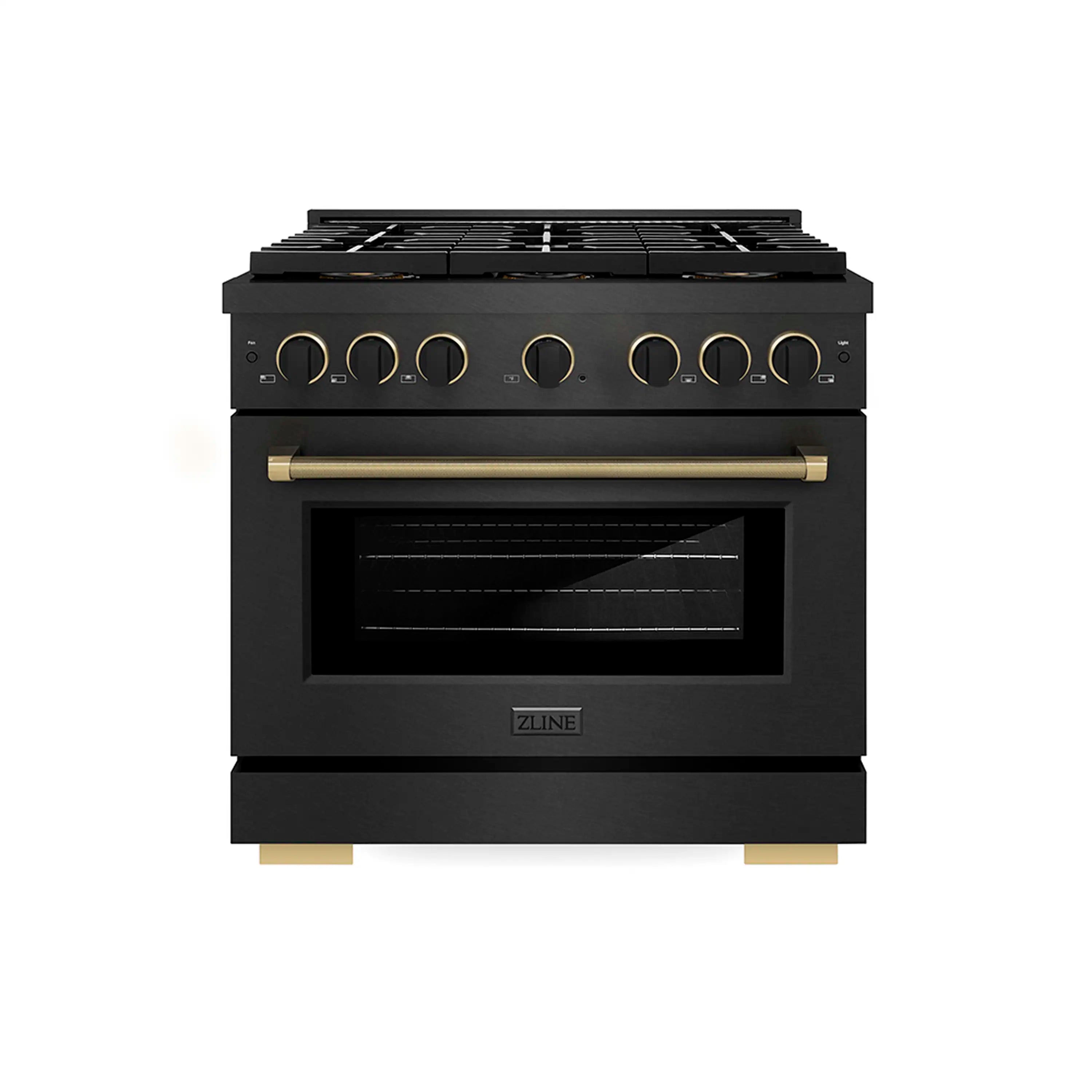 Black dual fuel range front view with burner knobs, black oven door and champagne handle