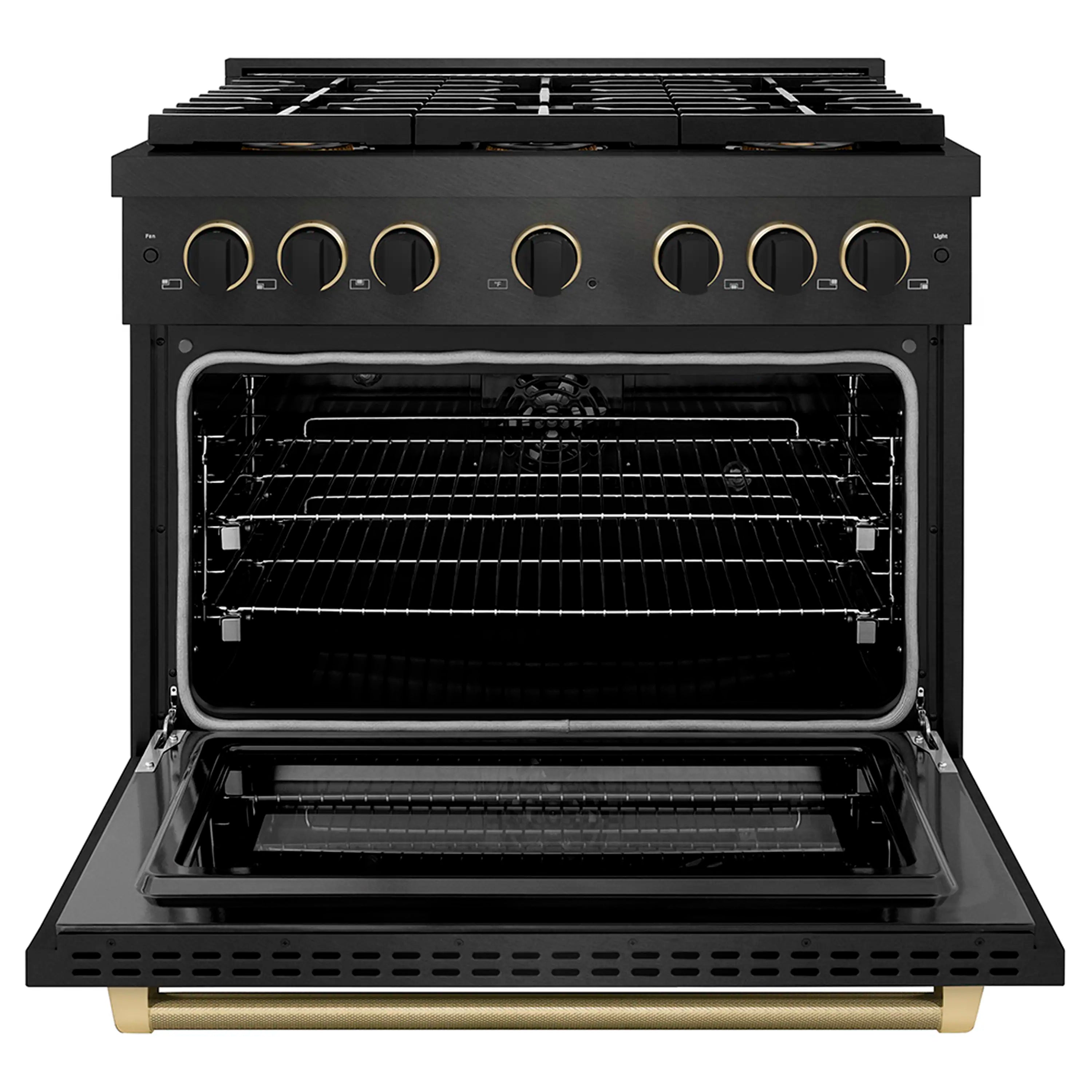Open black oven of a dual fuel range with racks and control knobs above