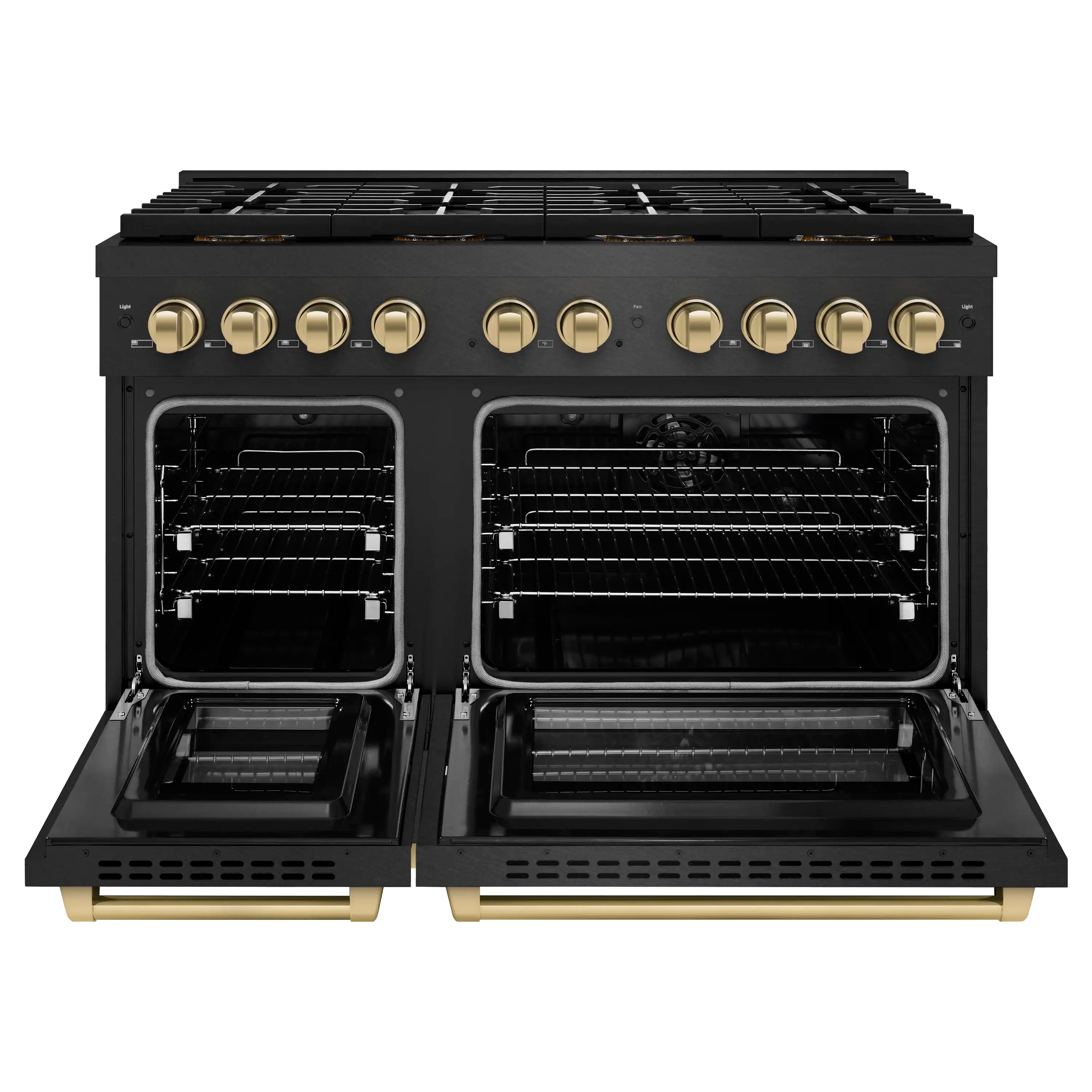 Black dual fuel range with both oven doors open and champagne drawer accents