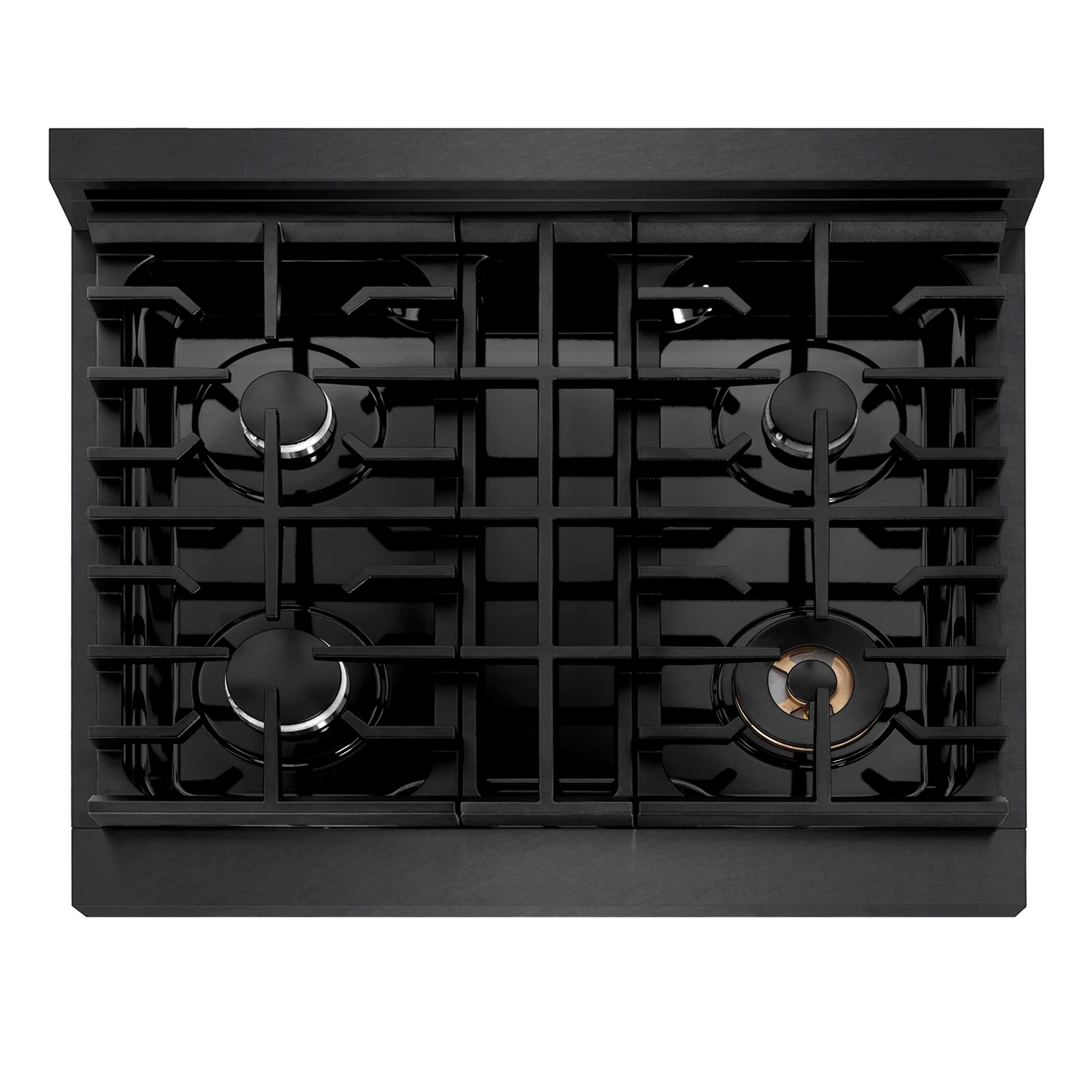 Black 4-burner cooktop with four round burner caps and grates