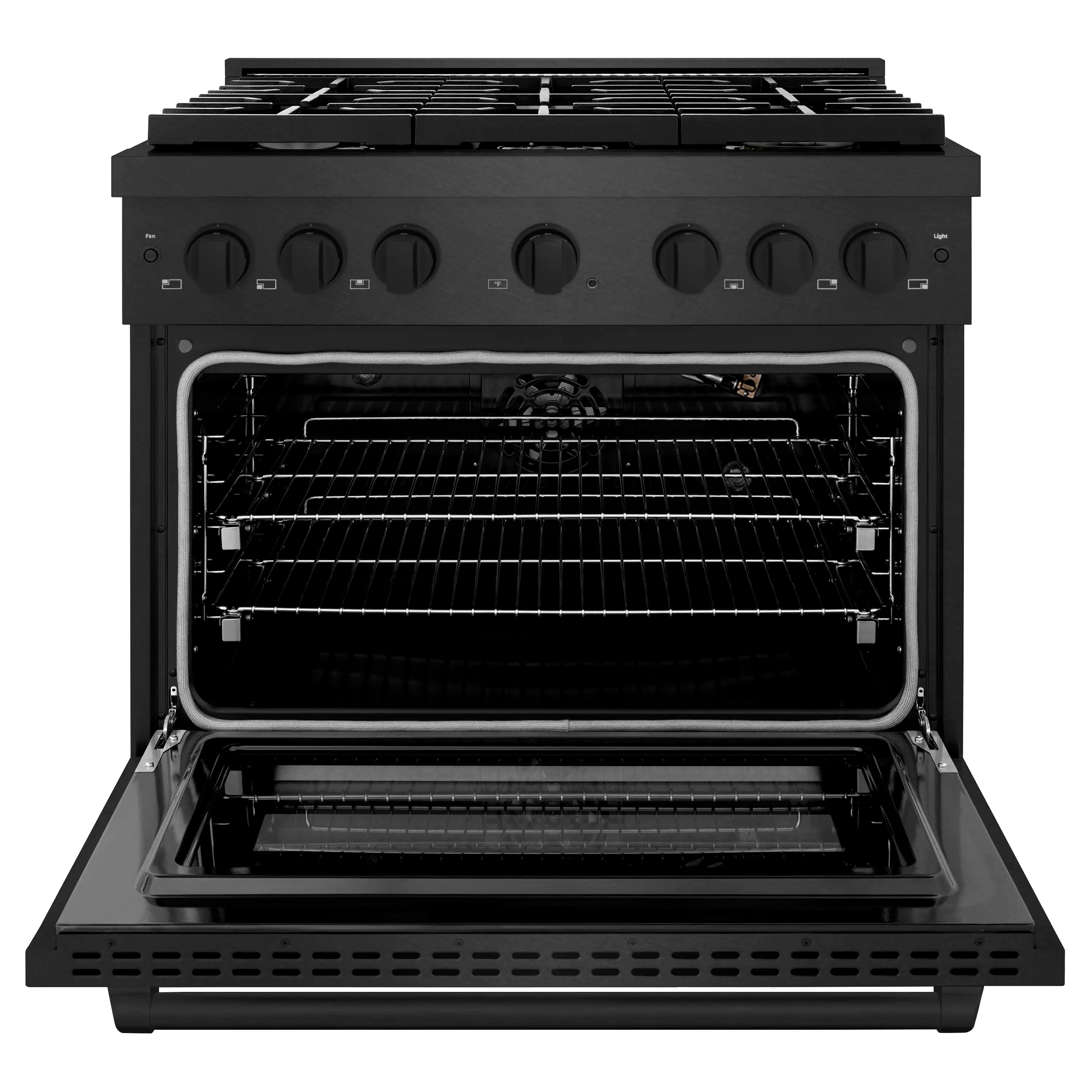 Black gas oven with open door showing wire racks and baking cavity