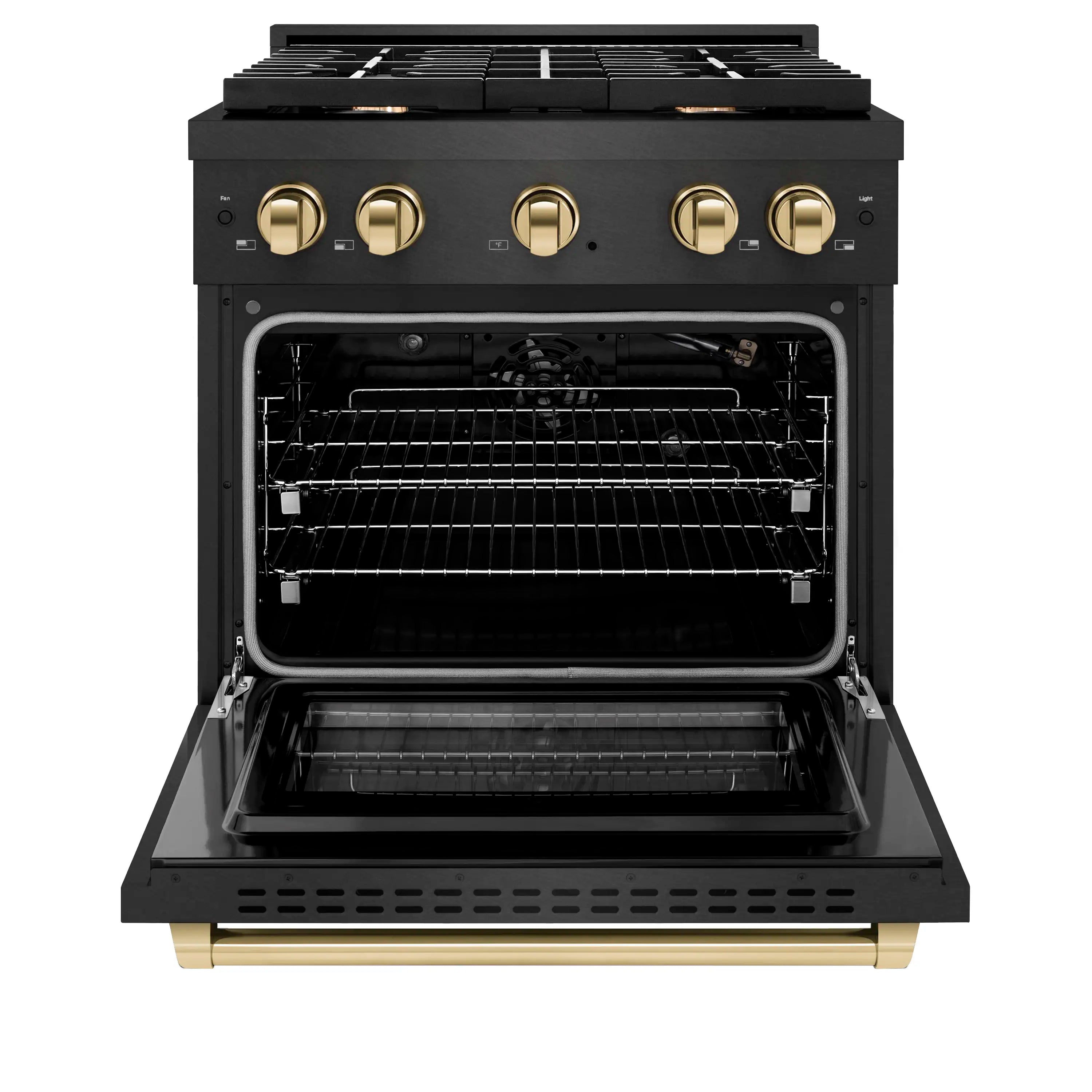 Black satin gas range with open oven door and interior racks