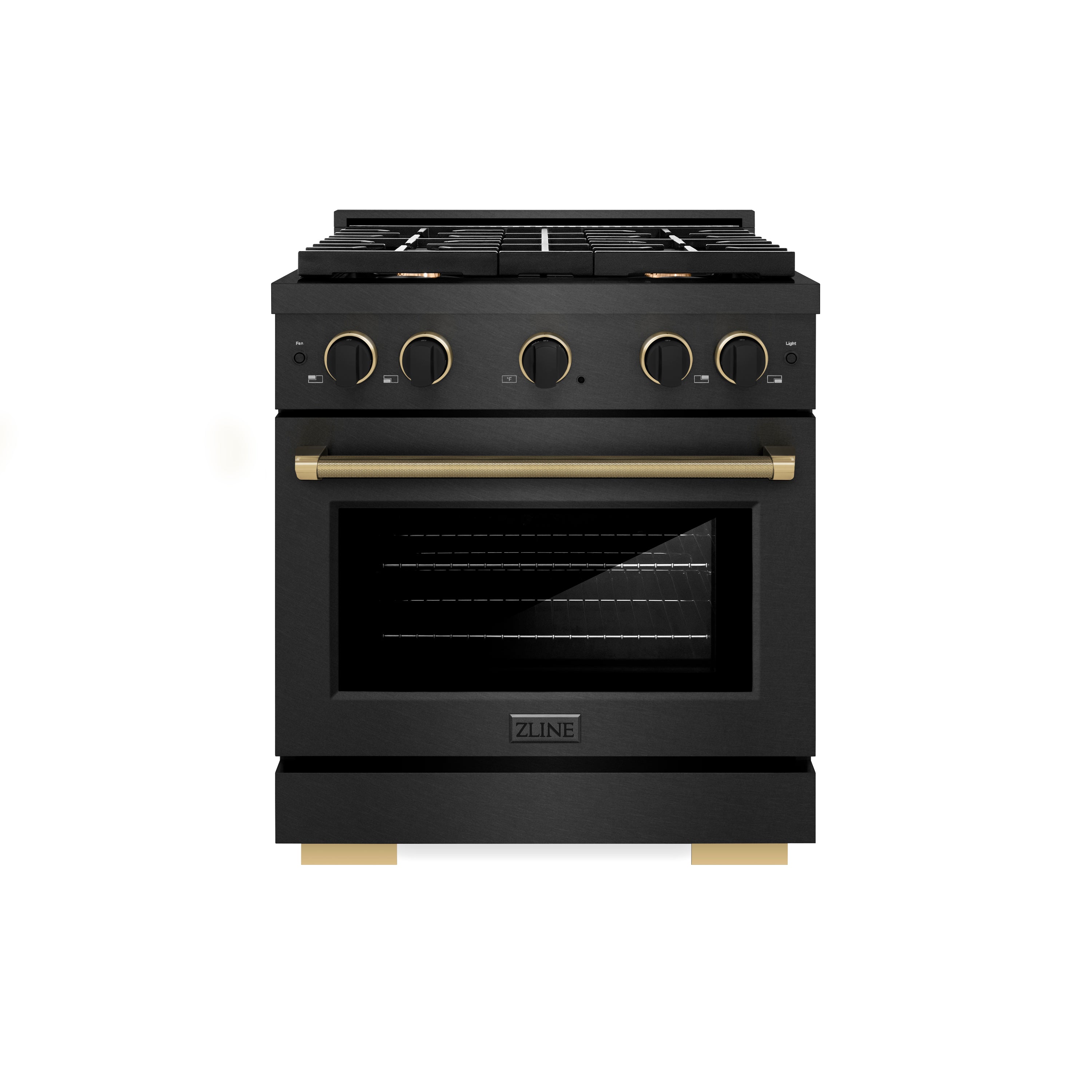 Black satin 4-burner gas range with oven door and control knobs, front view
