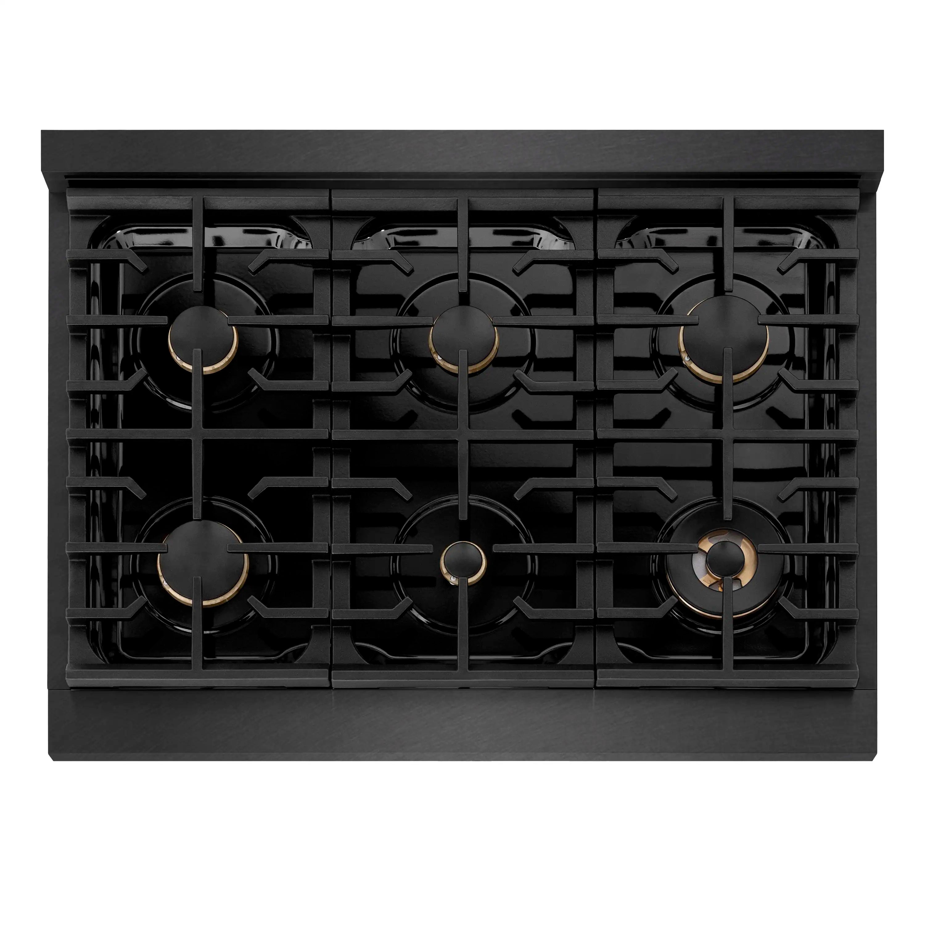 Top view of black 6-burner cooktop with champagne-trim control knobs