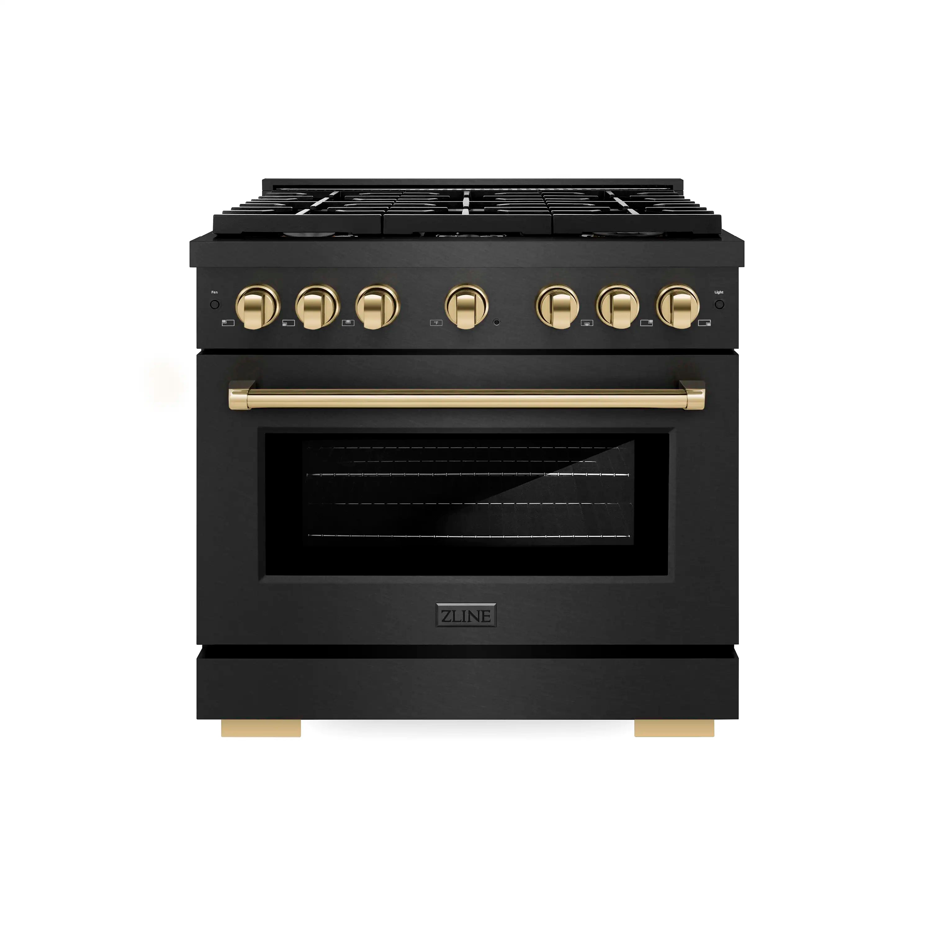 Black satin gas range with 6-burner cooktop, gold knobs, and convection oven door