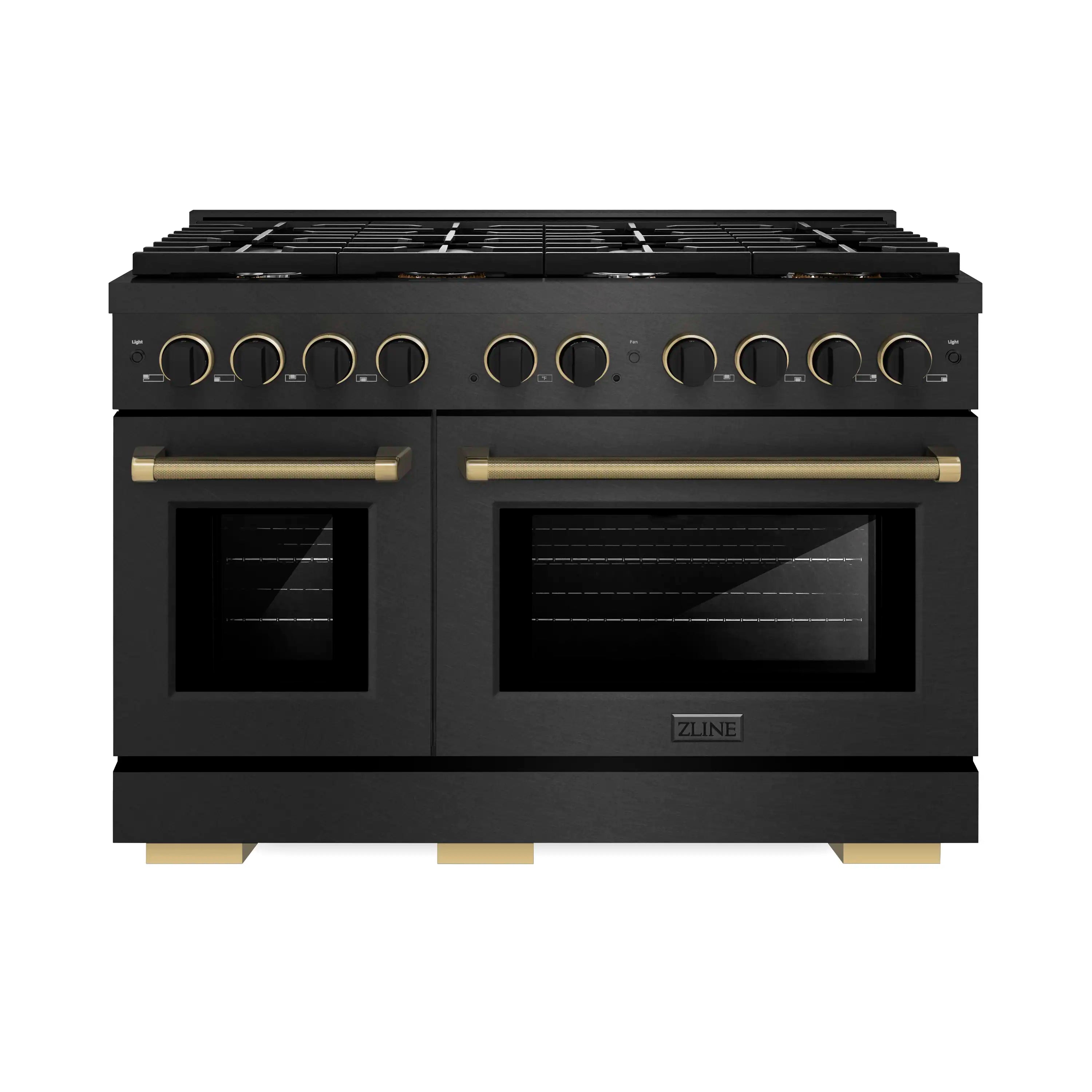 Black double oven gas range with two glass doors and champagne-accent handles