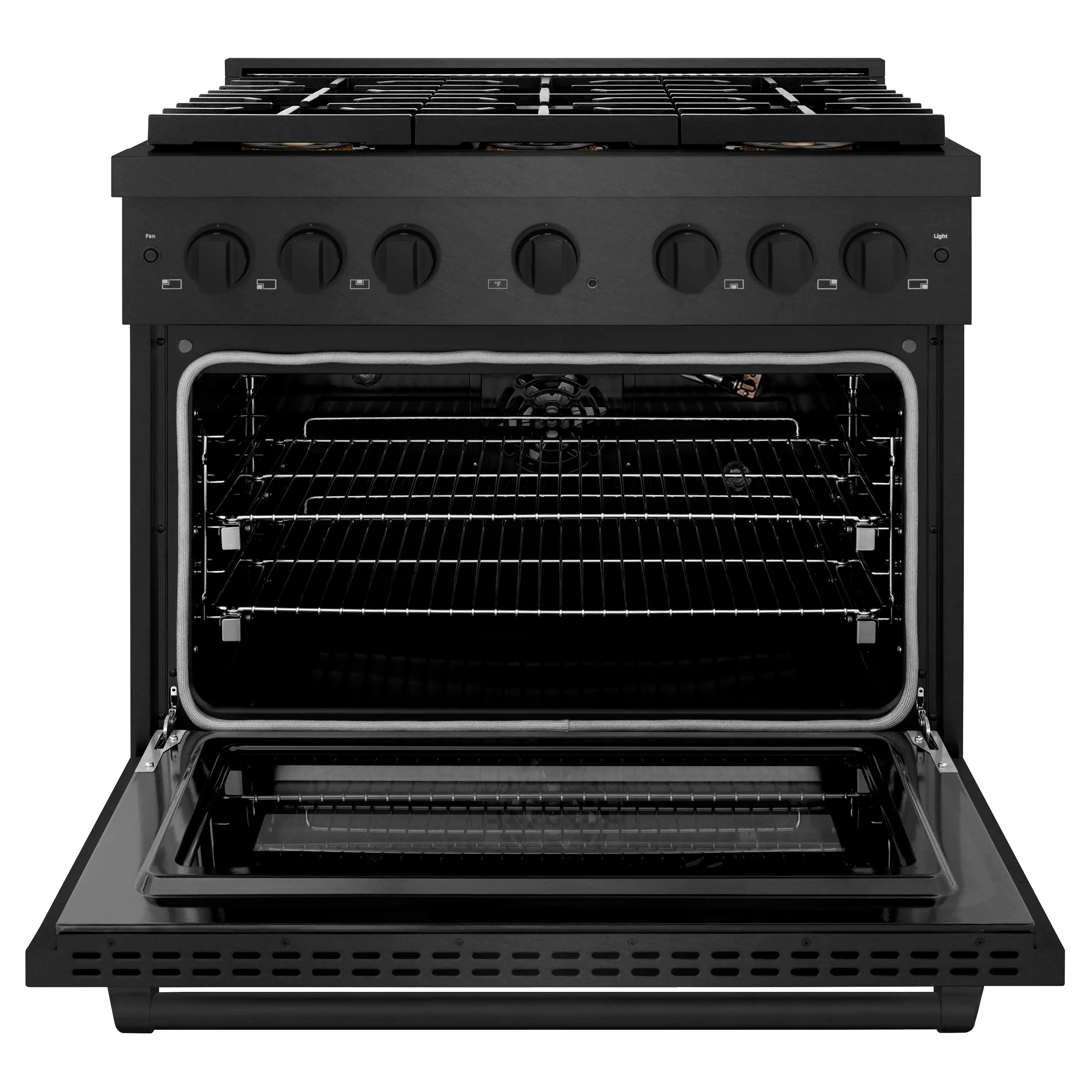 Black gas range oven with open door and multiple oven racks