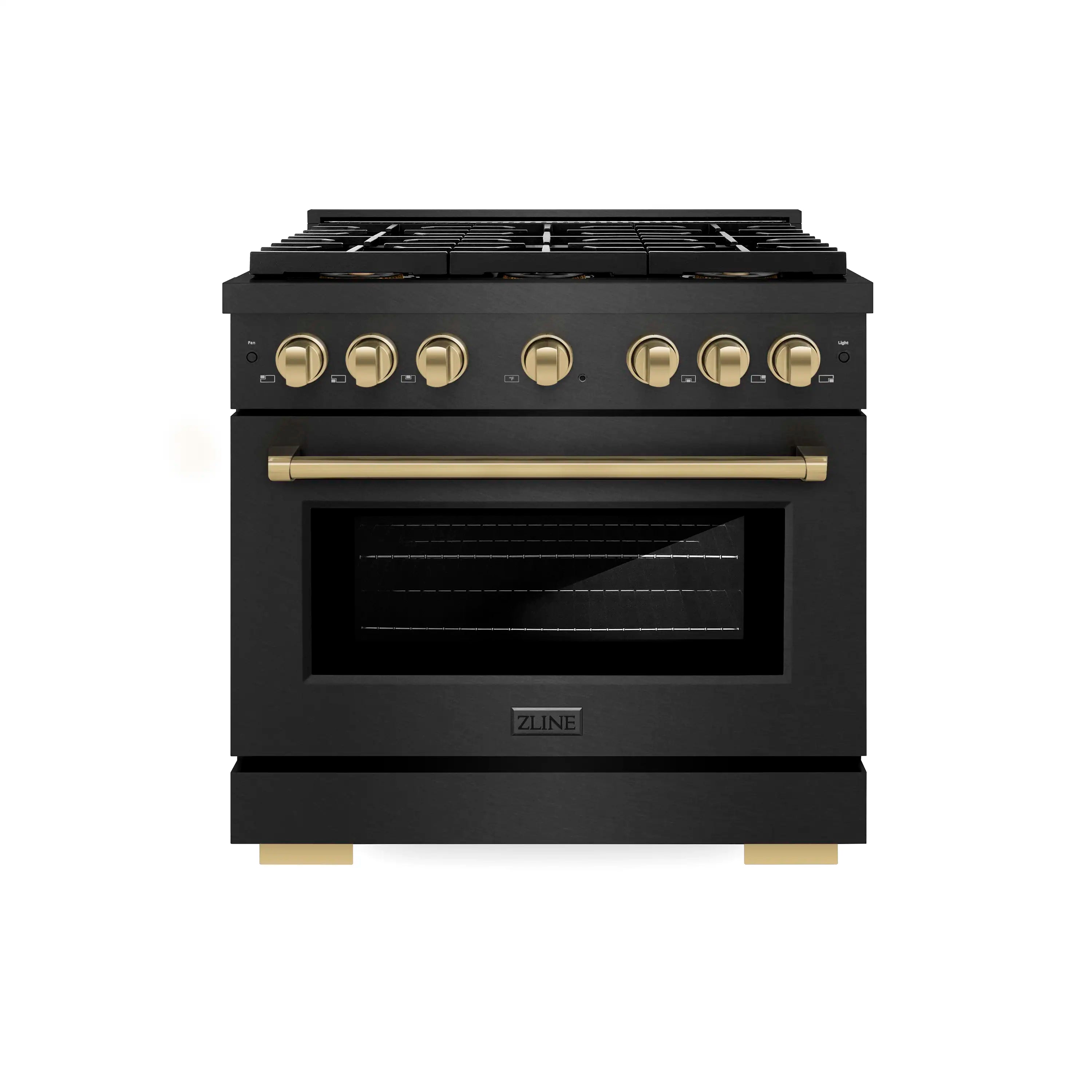 Black gas range with gold control knobs and stovetop grates, oven door closed