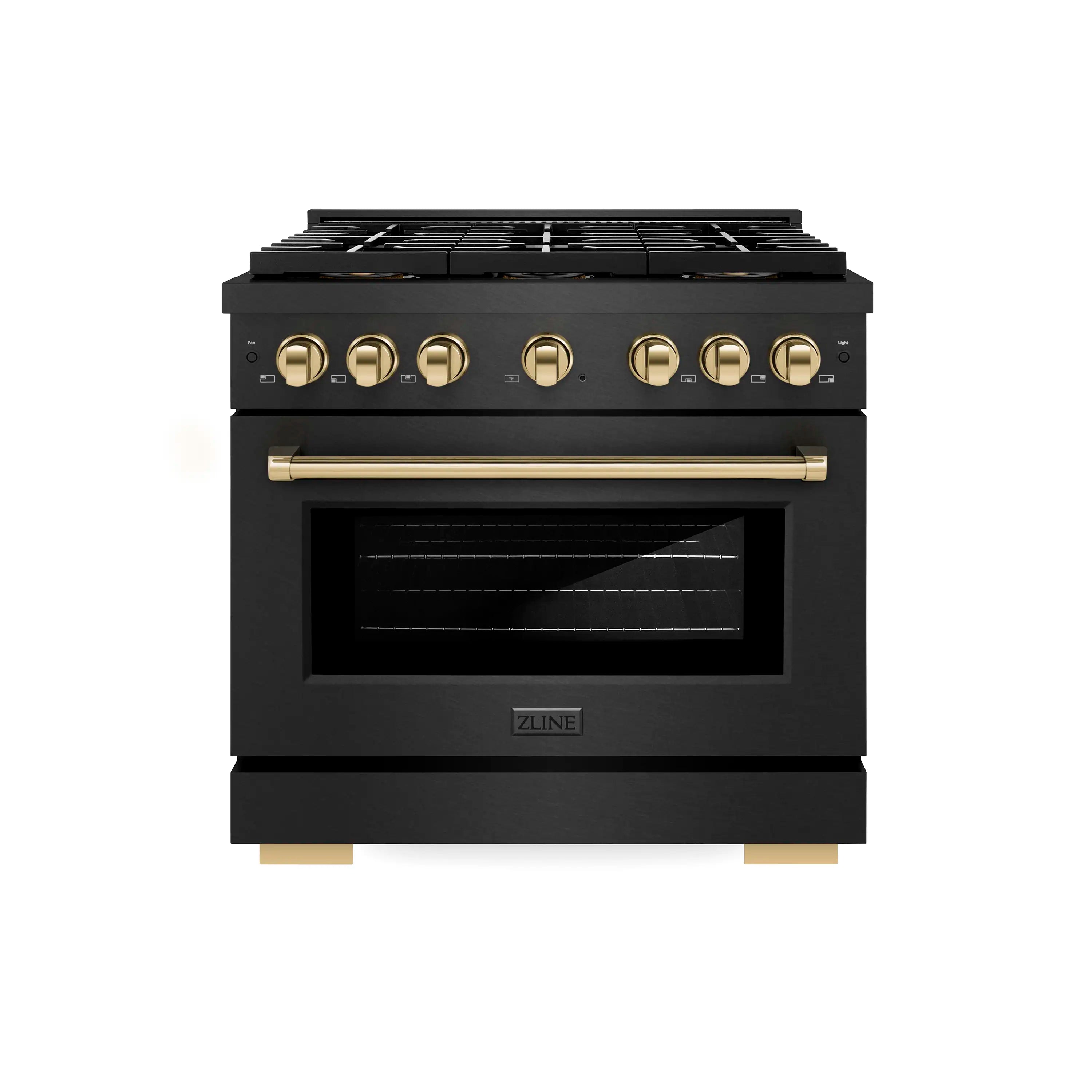Black gas range front with gold control knobs, oven window, and cooktop grates.
