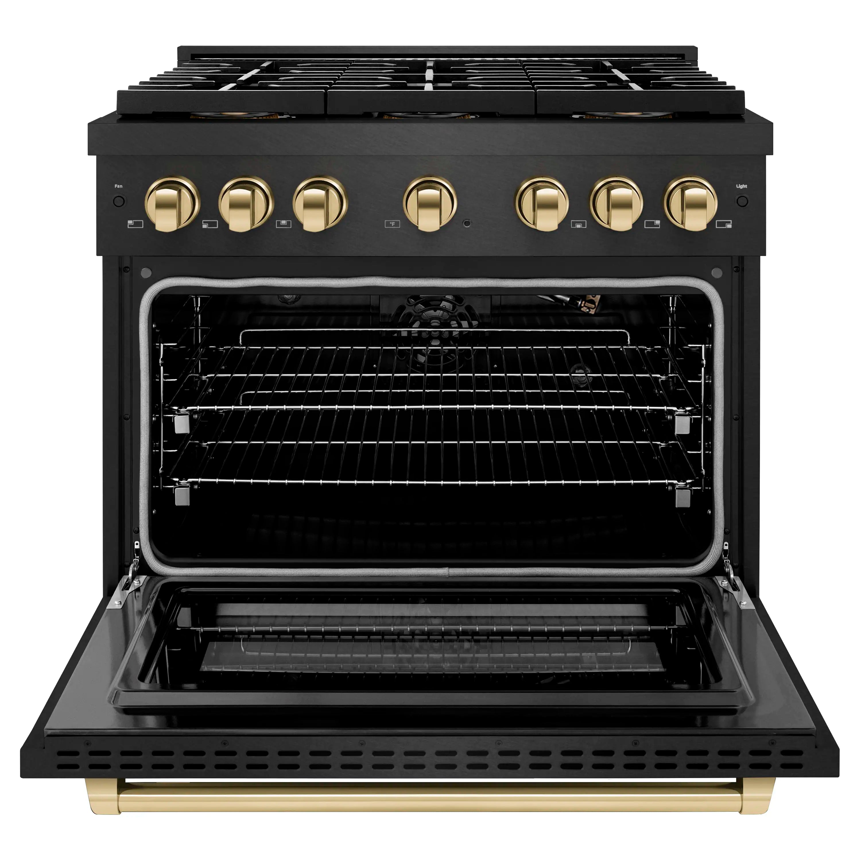 Black gas range with oven door open, showing racks, burner area, and interior controls.