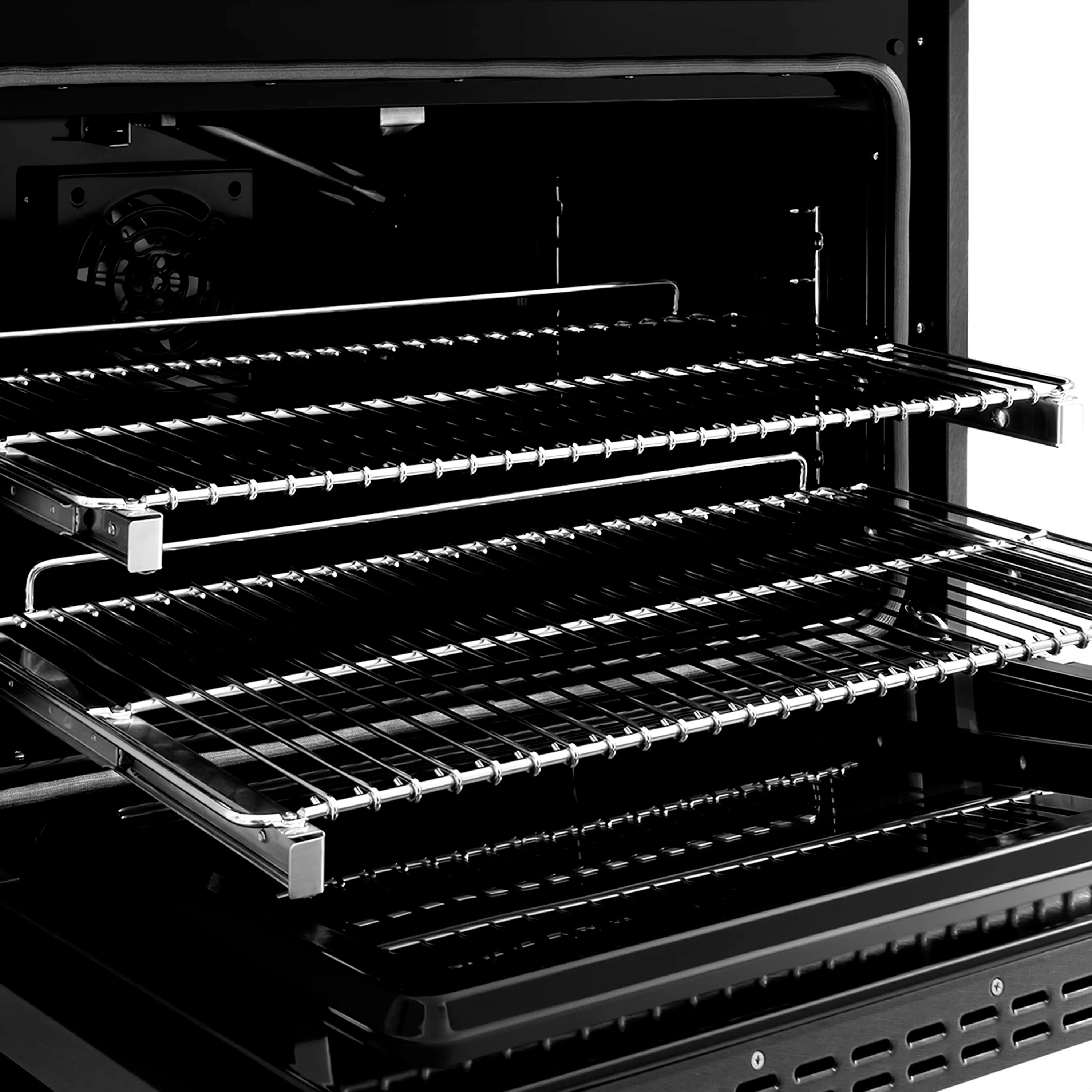 Open black gas oven with multiple wire racks and visible heating elements