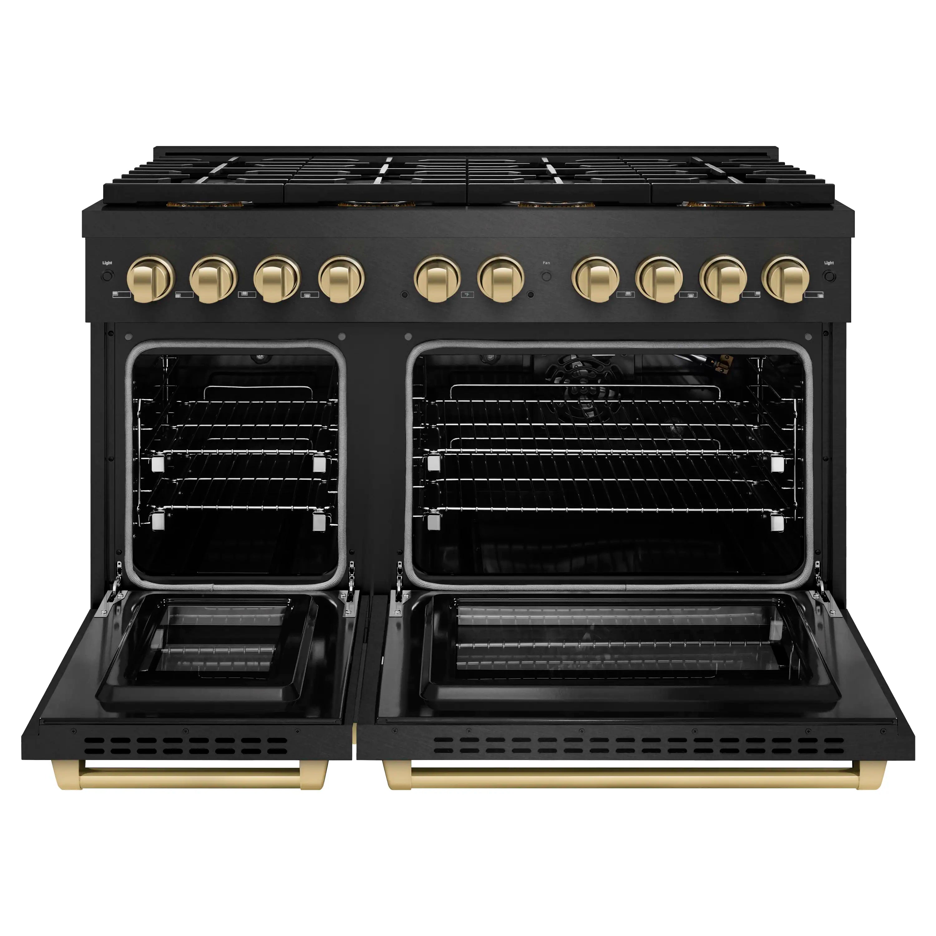 Black gas range with both oven doors open, racks inside and champagne-gold handles