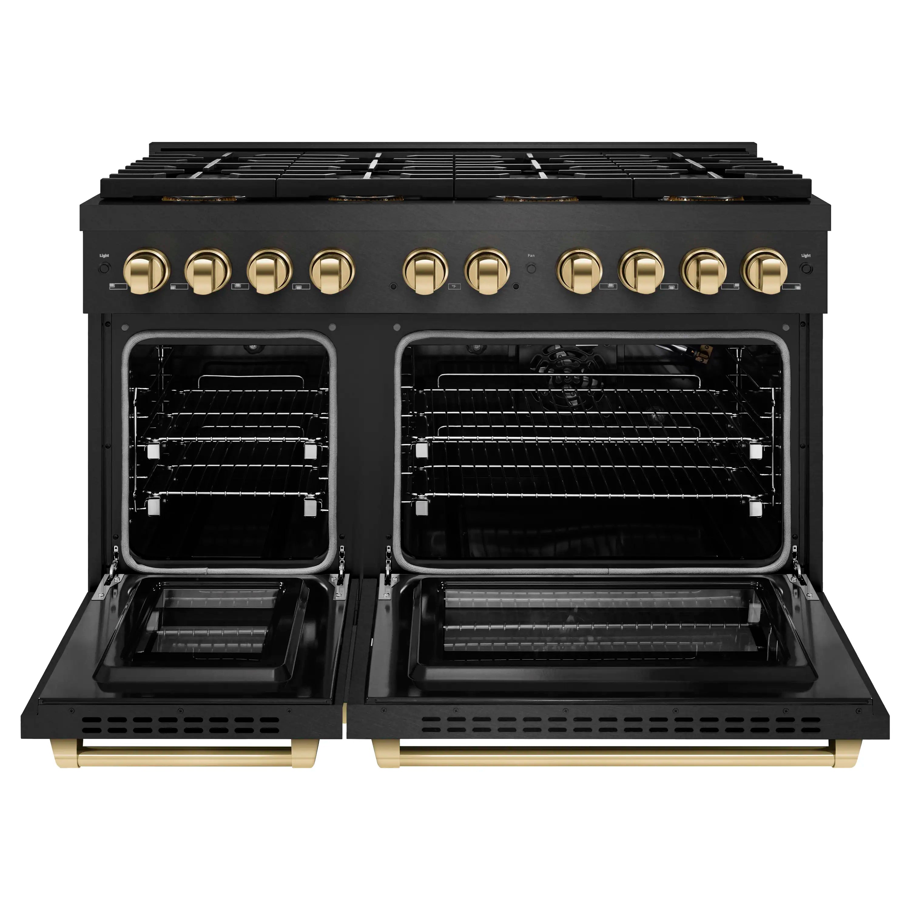 Black gas range with two open ovens, gold-trimmed handles, and top grate sections