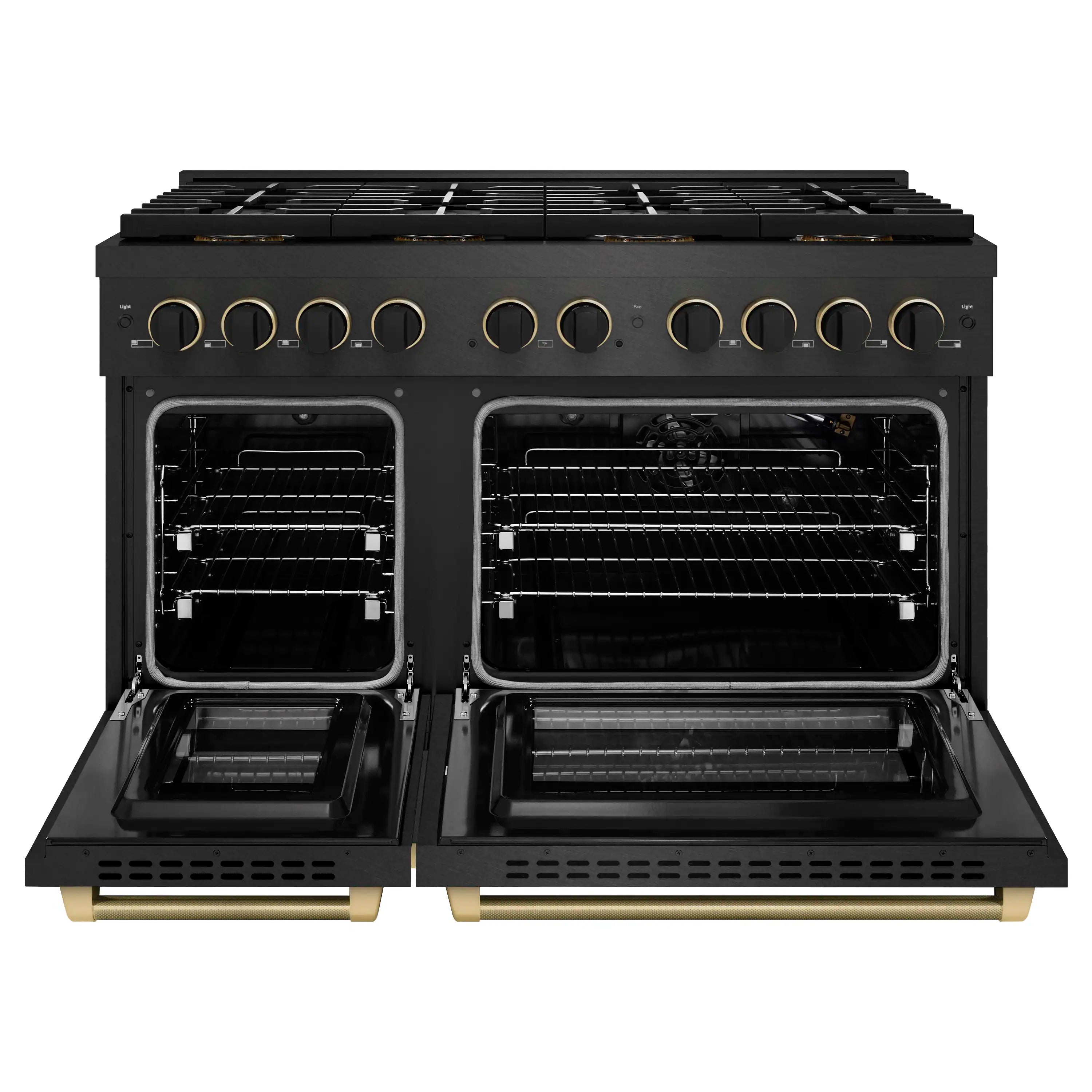 Black gas range open with two oven cavities and racks, showing front interior
