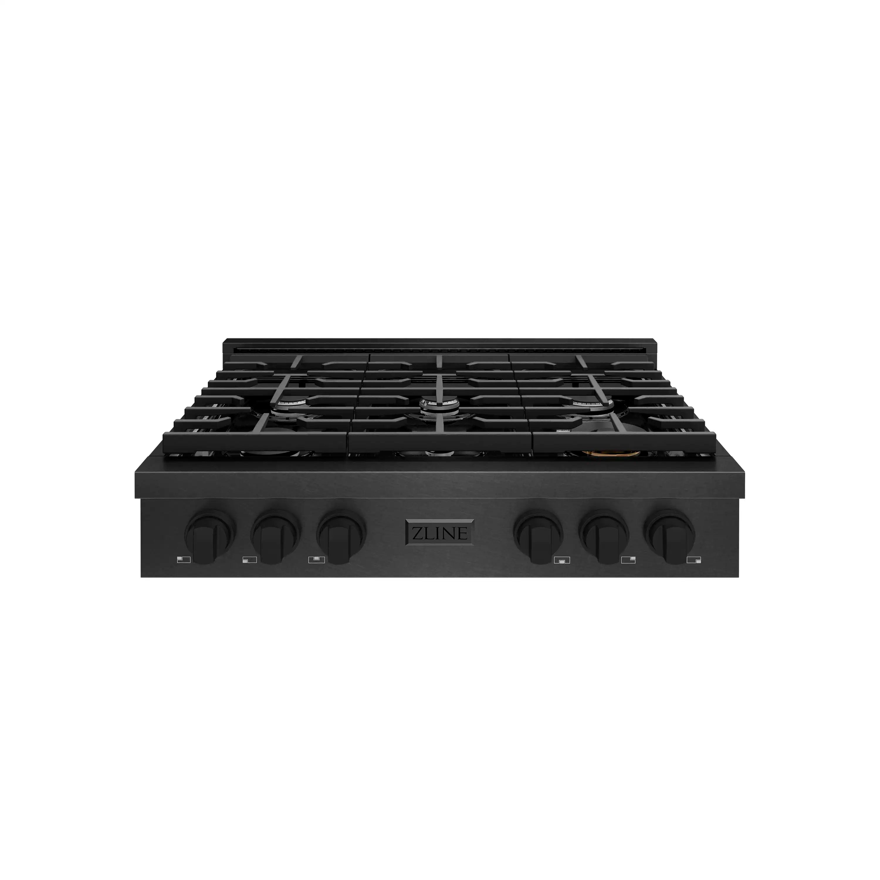 Black gas cooktop with six burners, front control knobs, and grate grates