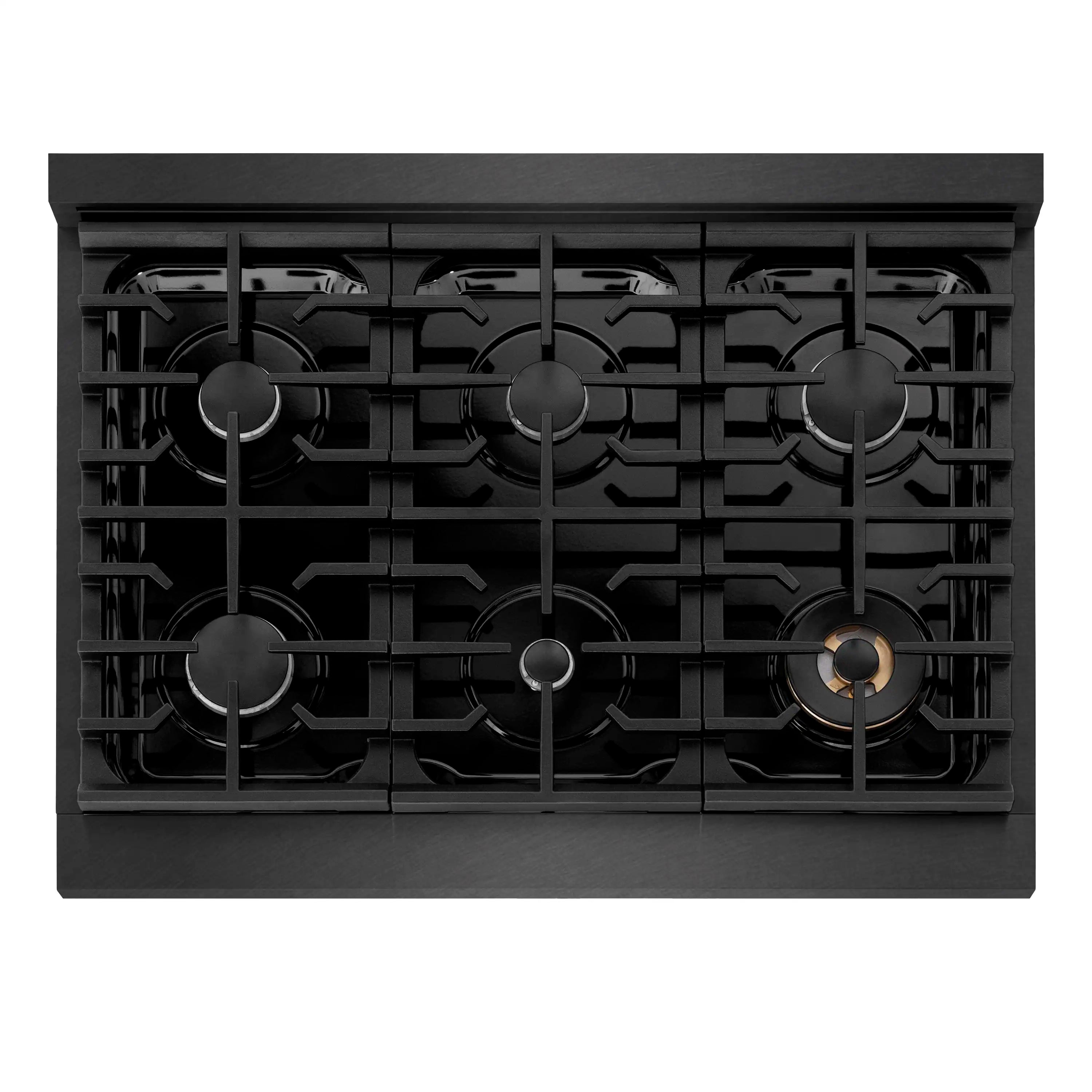 Black gas cooktop with 6-burner grate grid and round burner caps