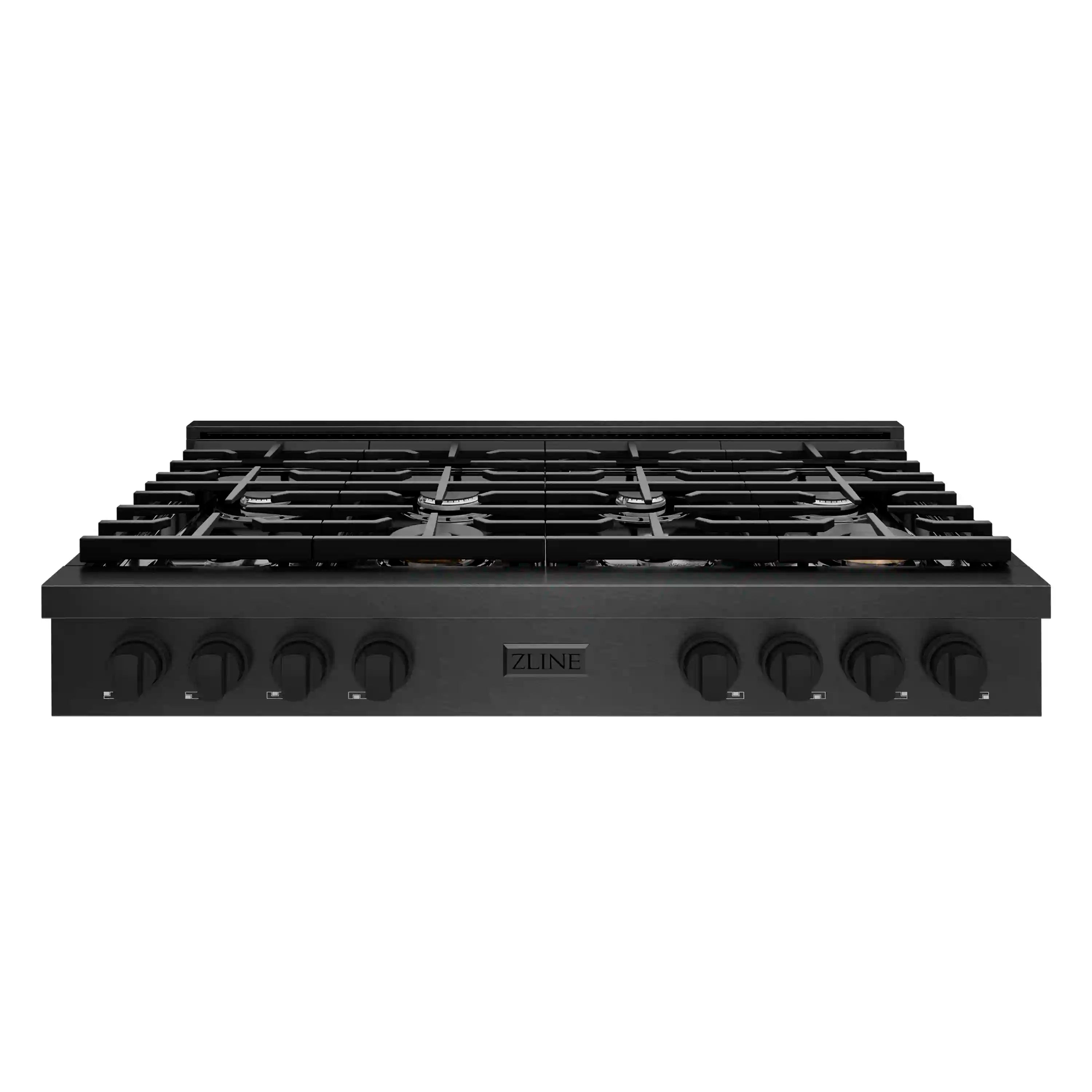 Front view of black gas rangetop with griddle insert and control knobs