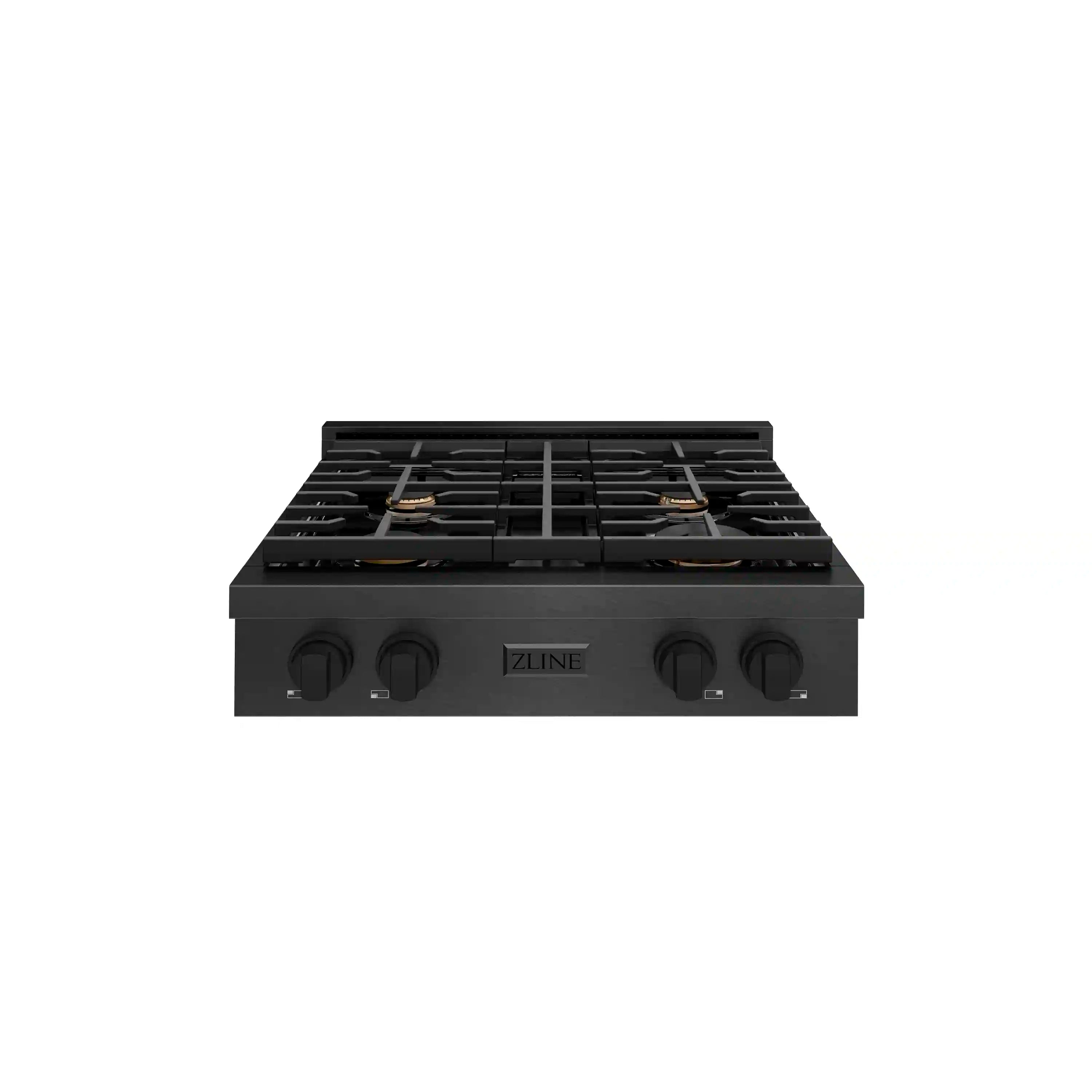 Black gas rangetop with four burners, cast-iron grates, and front control knobs