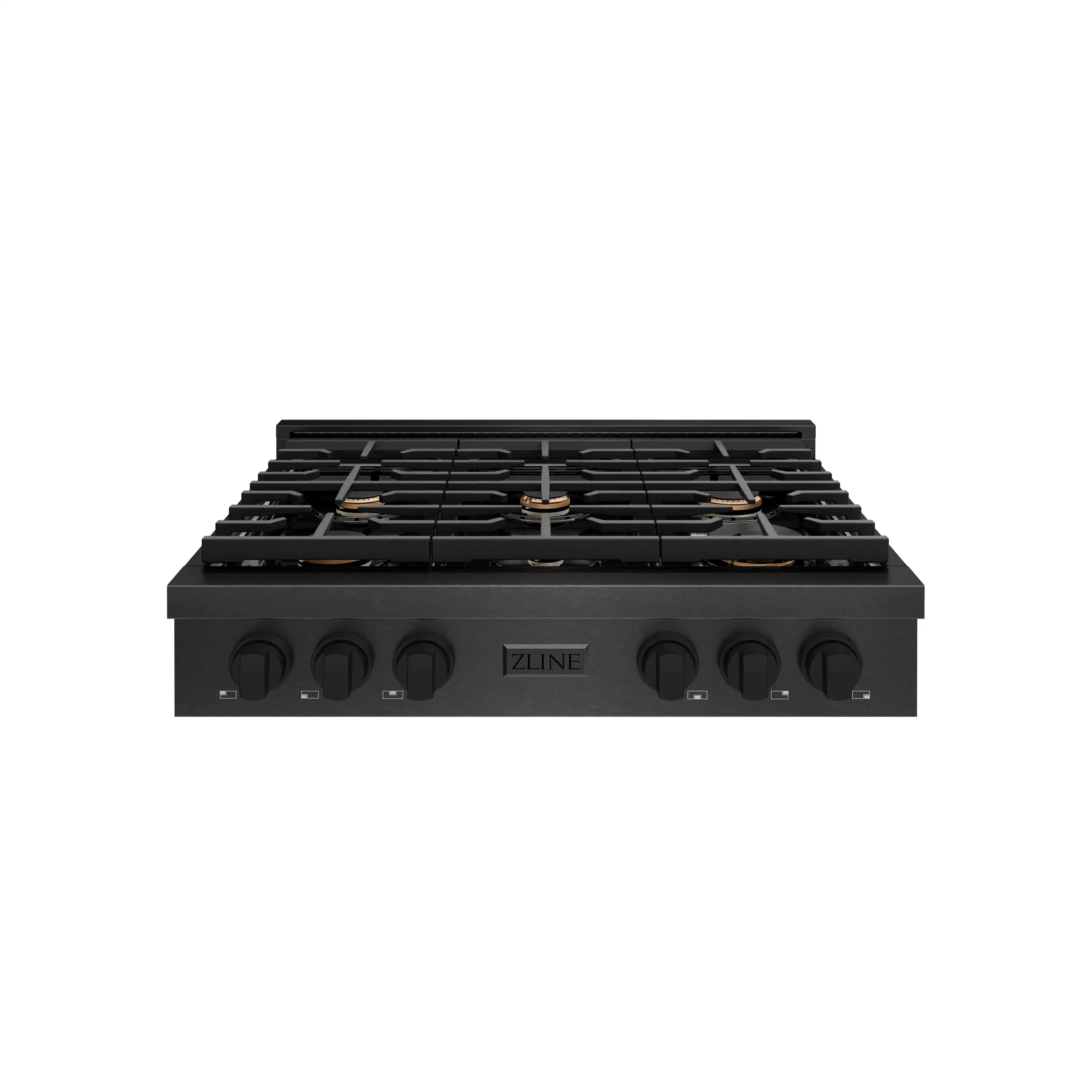 Black gas rangetop with six burners and black front control panel