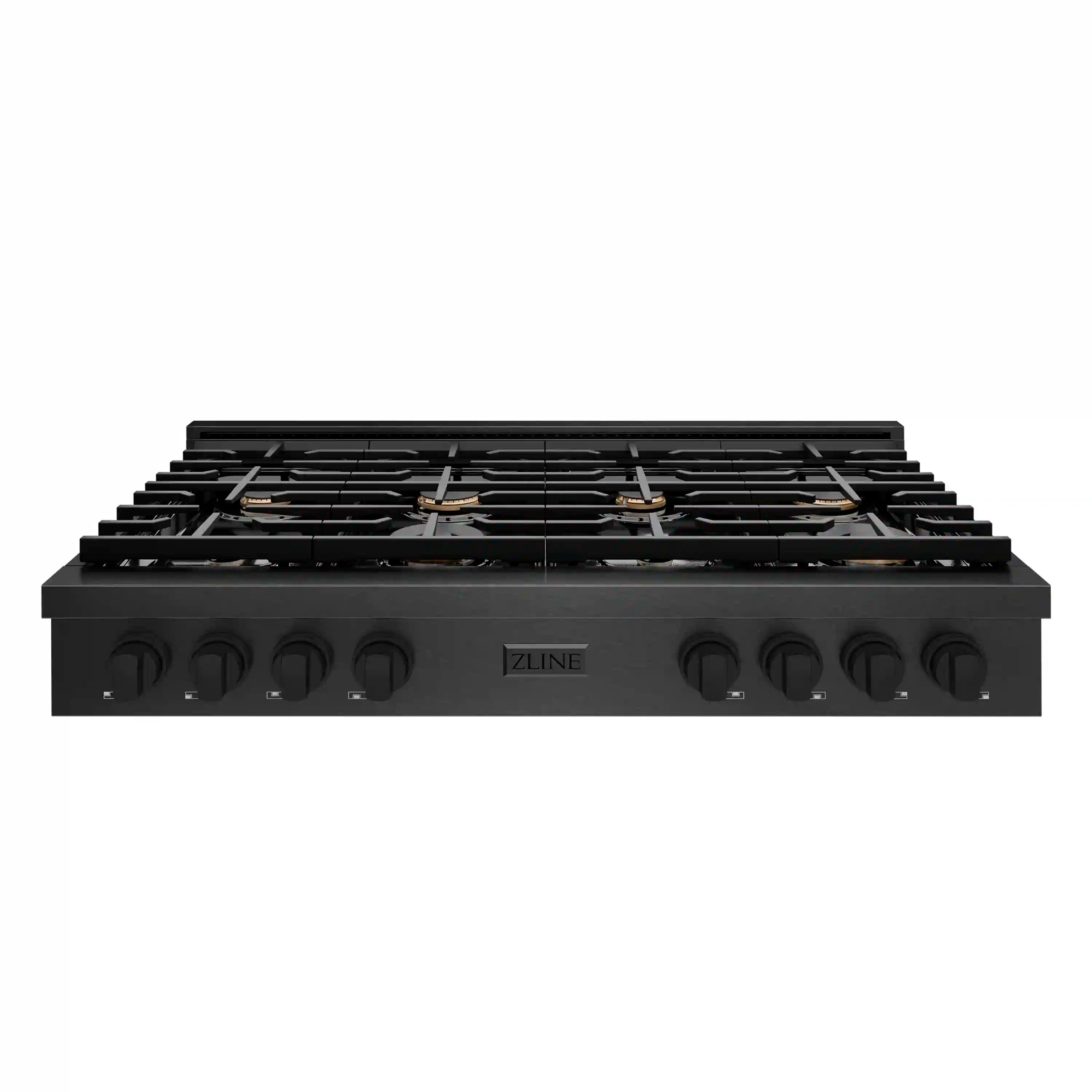 Black gas rangetop front view with 8 brass-ring burners and control knobs