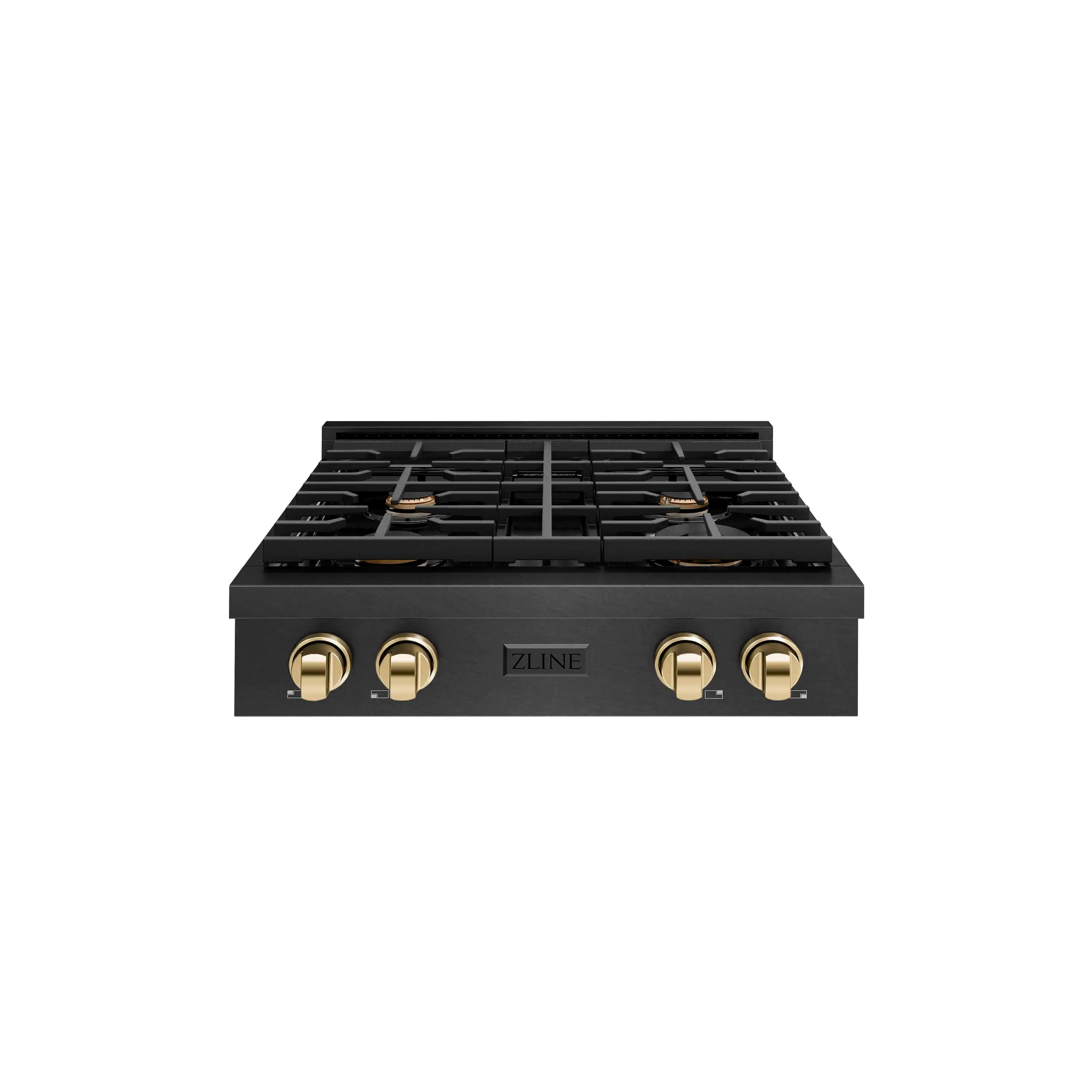 Black satin gas rangetop front view with four grates and gold burner control knobs
