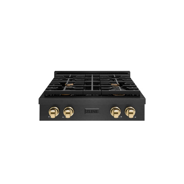 ZLINE Autograph 30-Inch Paramount Gas Rangetop with 4 Burners and Porcelain Cooktop in Black Satin with Polished Gold Accents (SRTBSZ-30-G)