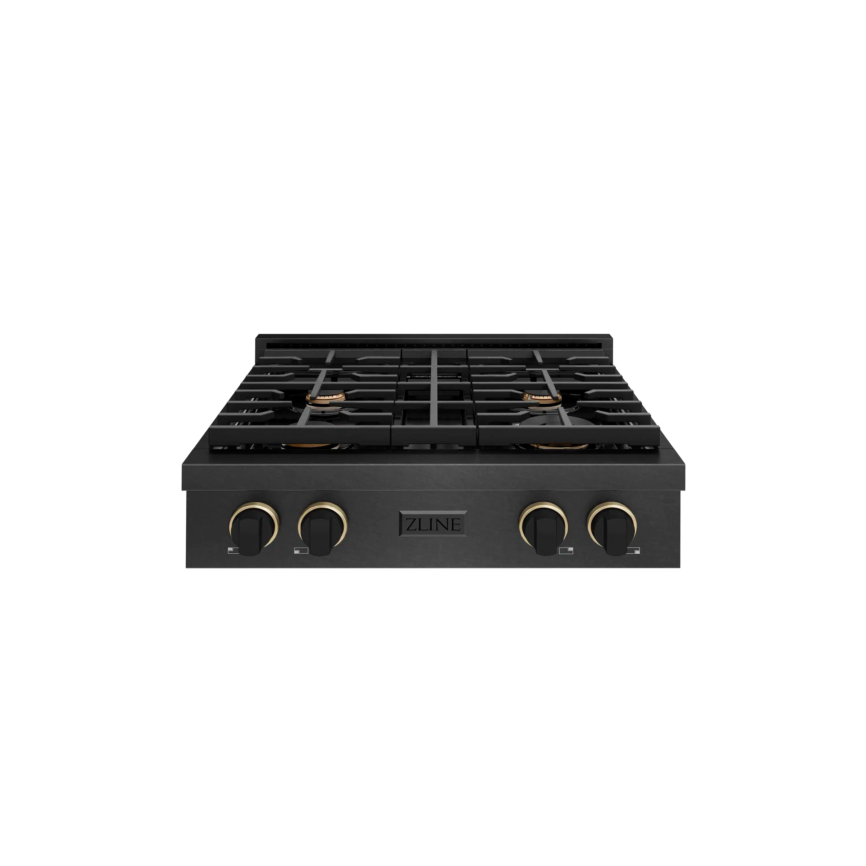 Front view of black satin 4-burner gas rangetop with champagne bronze control rings