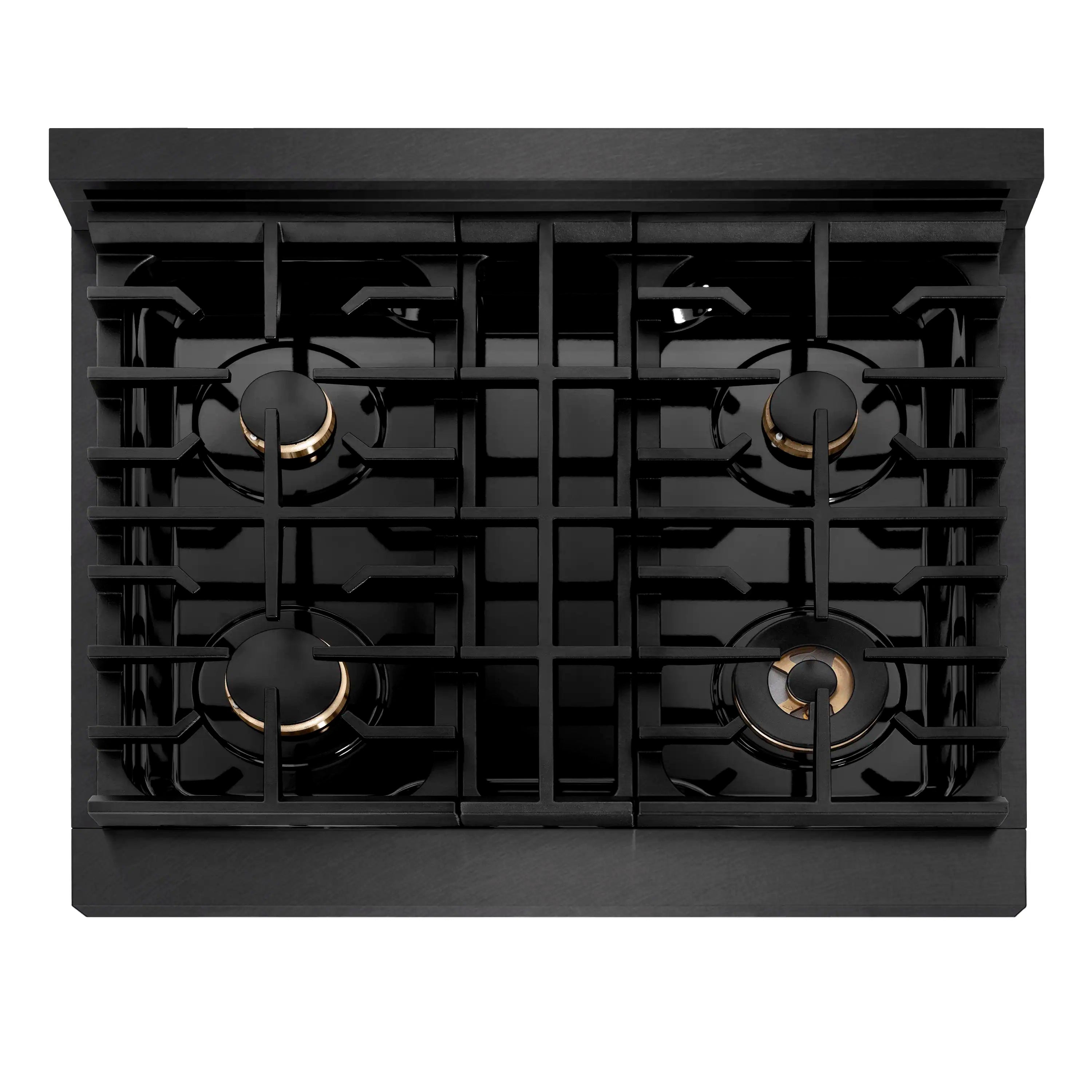 Top view of black grate layout with four burners on a black satin gas rangetop