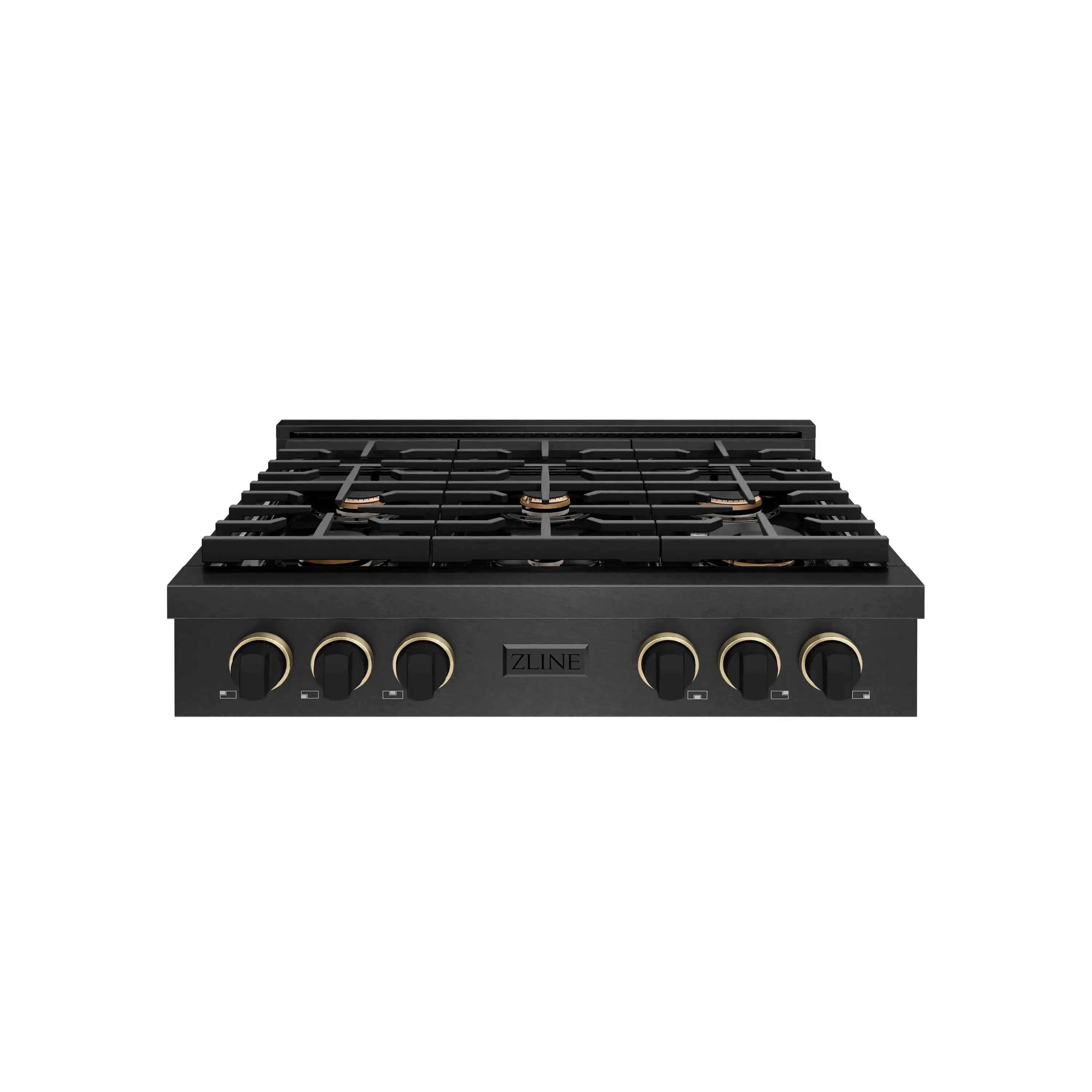 Black gas rangetop with six burners, cast grates, and champagne-trim control accents.
