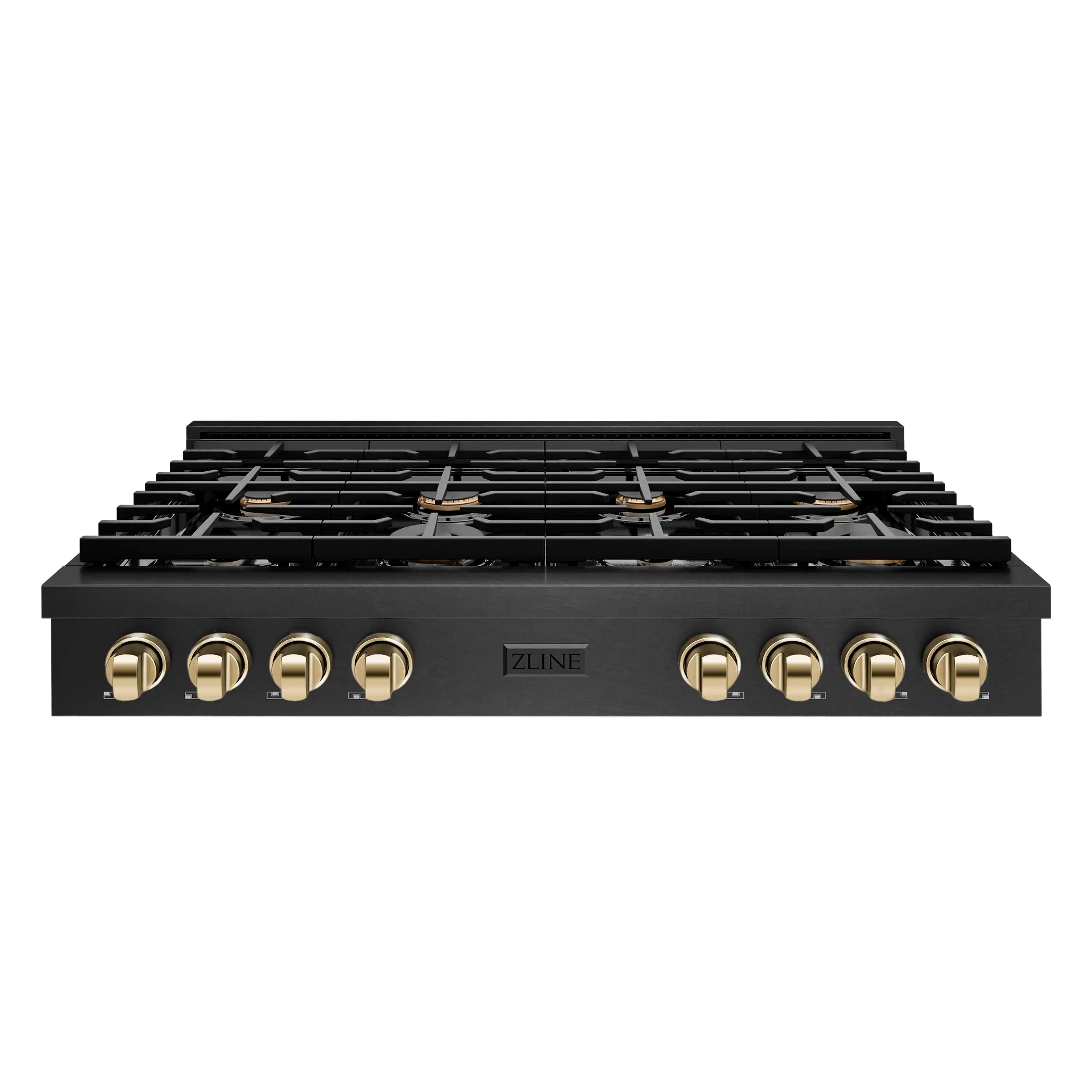 ZLINE gas rangetop front panel in black with eight gold control knobs