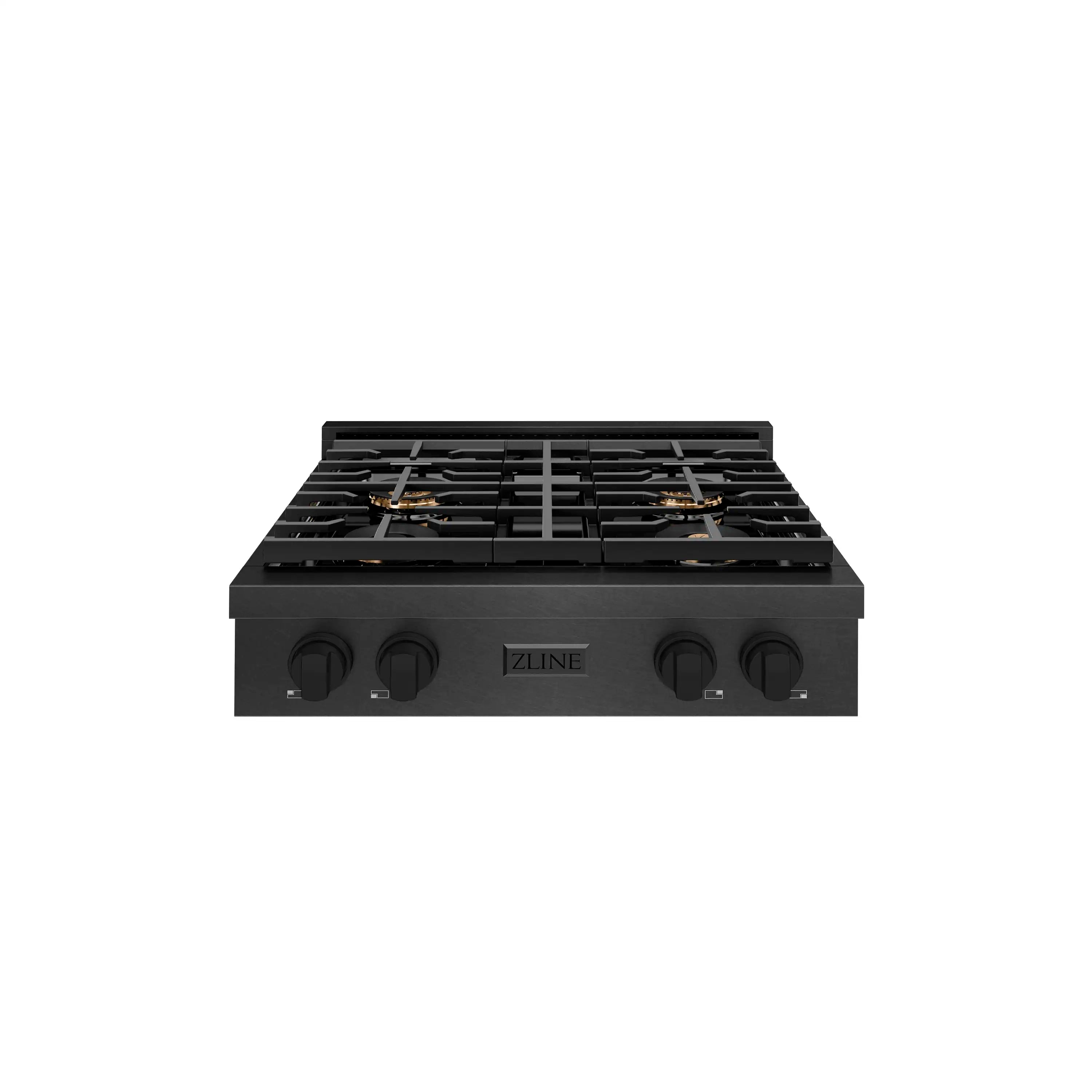 Black gas rangetop with four burners, cast grates, and four control knobs