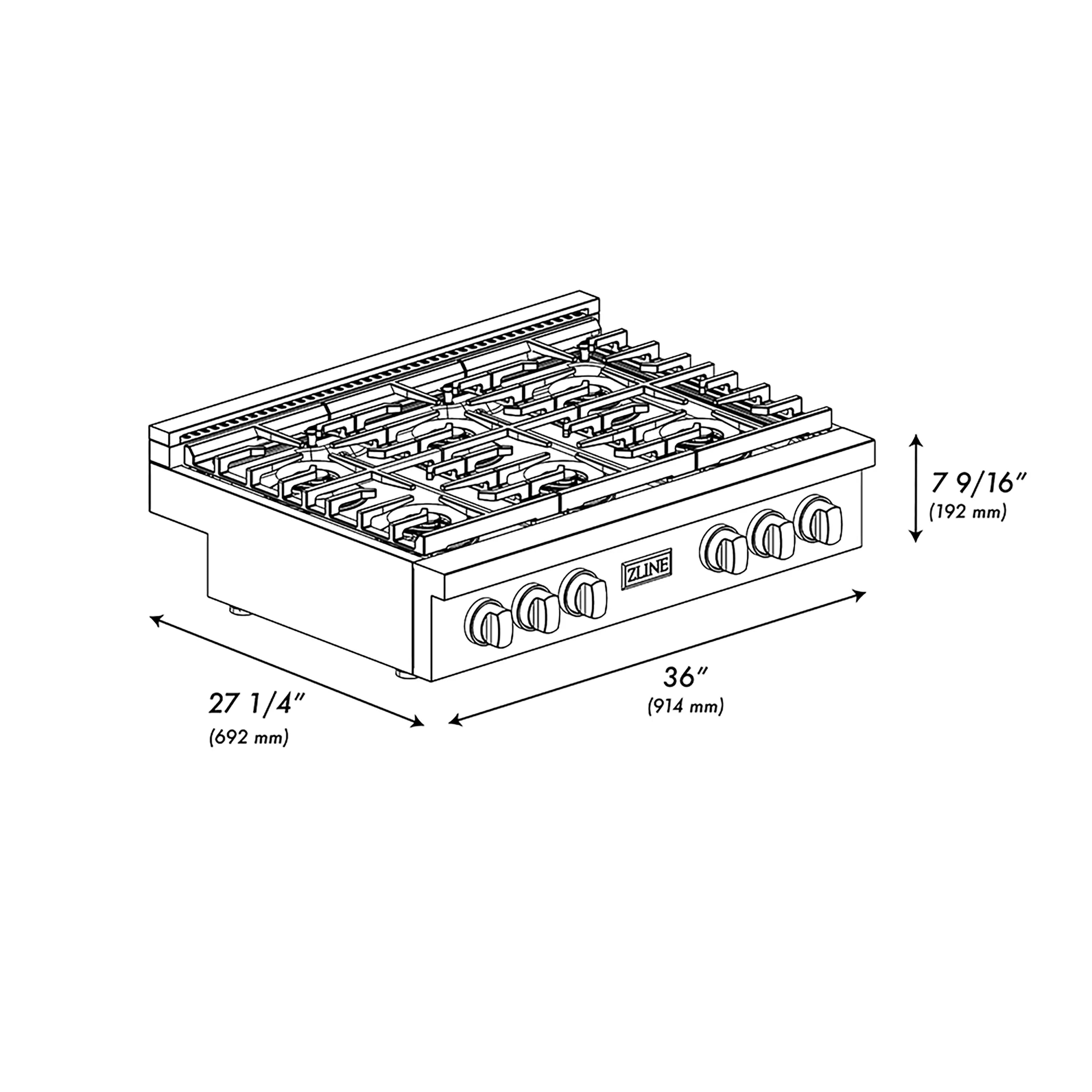 36-inch black gas rangetop dimension diagram with six-burner layout