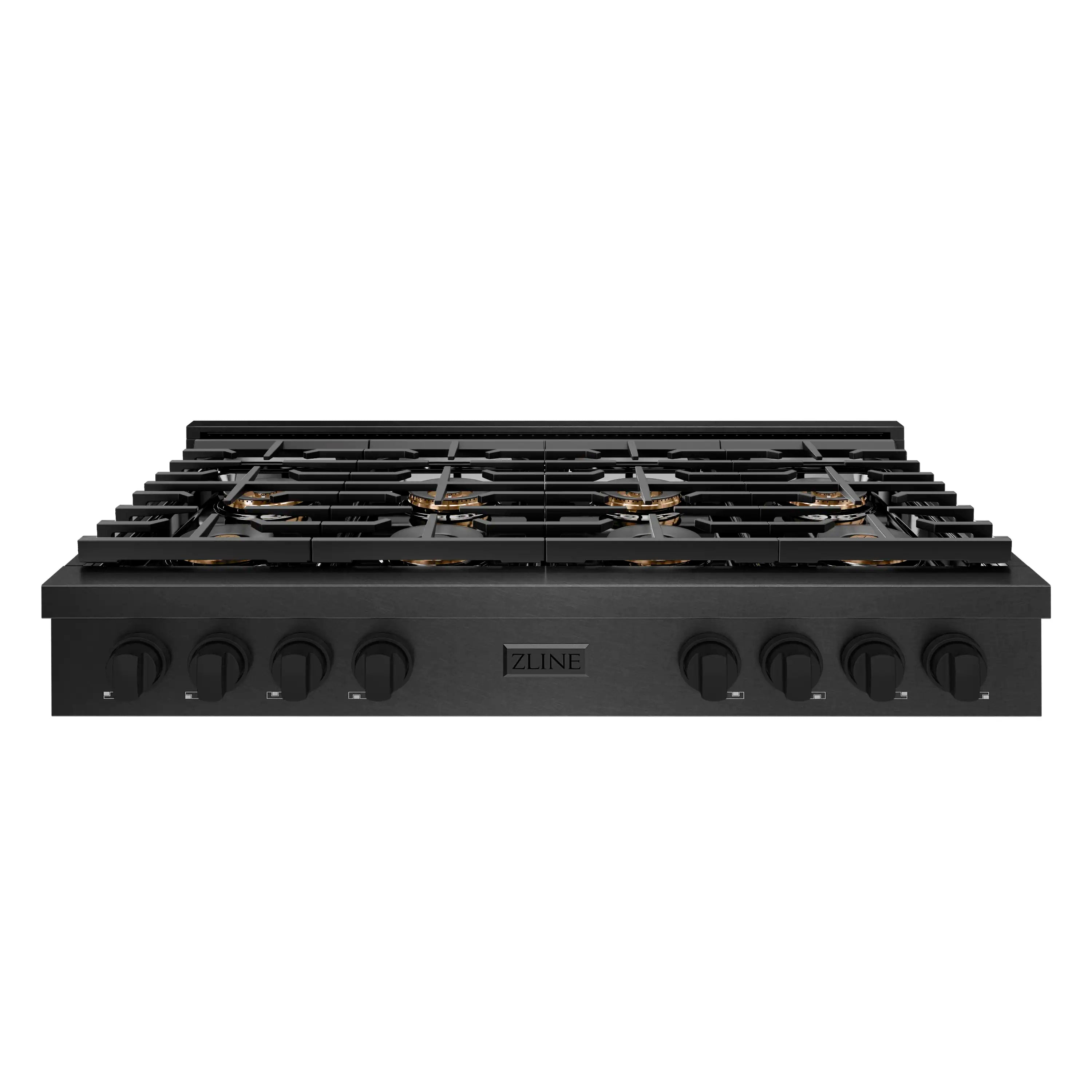 Black gas rangetop with eight burners and front control knobs, side view