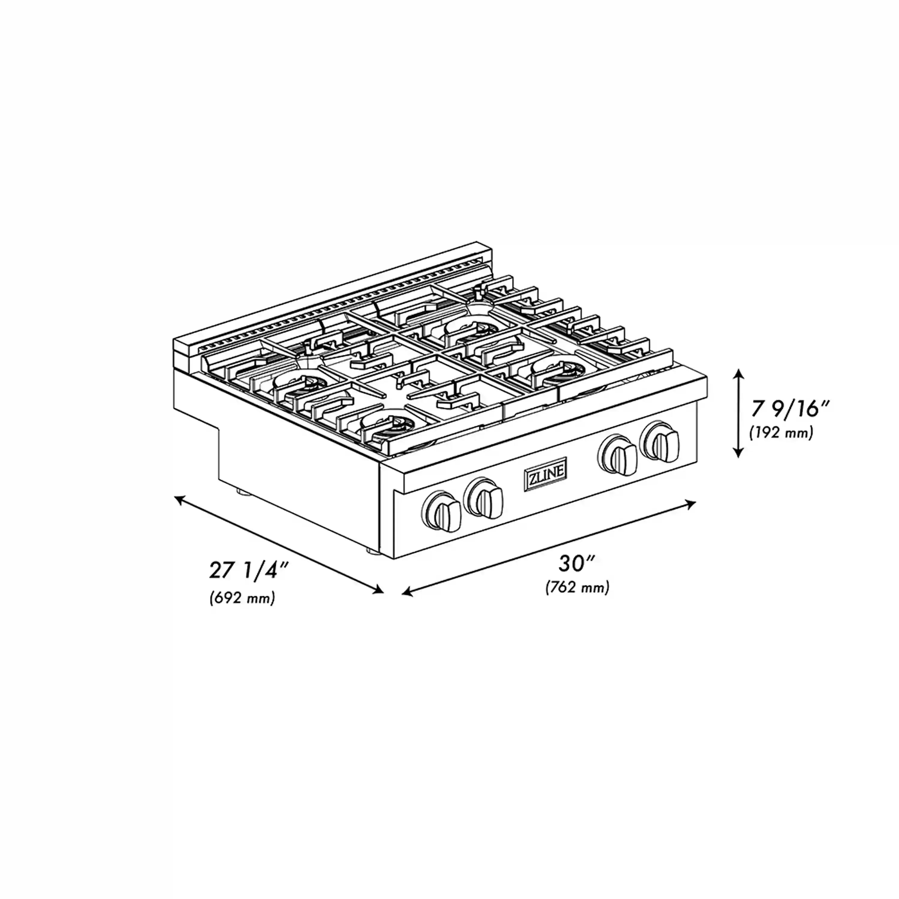 30-inch gas cooktop dimensions diagram with gold-accent burner layout